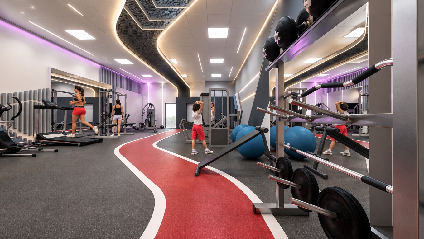 An incredibly lifelike, richly detailed, photorealistic interior photograph of a premium women’s fitness club, set in a sleek, modern commercial environment. The scene is illuminated by a sophisticated blend of crisp, cool-white daylight emanating from the 60x60 ceiling panels, contrasted beautifully by the warm, inviting amber glow of the integrated linear lights that trace the sinuous, structural curve of the ceiling’s functional training path. Captured with a professional architectural lens, the image emphasizes the rich, tactile quality of the dark gray rubber granule flooring and the subtle, metallic sheen of the perforated blue and black ceiling panels, which catch the light with realistic, soft-focus reflections. The composition draws the eye along the vibrant red rubberized running track that snakes through the space, framed by minimalist white box-section partitions that exhibit authentic brushed-metal highlights. The atmosphere is vibrant and energetic, featuring natural, lifelike women athletes engaged in focused training; one woman maintains a steady pace on a high-end treadmill, while others utilize the surrounding stations with fluid, realistic movement. Shadows are soft and grounded, providing depth to the high-spec fitness equipment—from the polished chrome weight racks to the matte-finish exercise balls—creating a sense of expansive, airy volume within a meticulously designed, high-performance training sanctuary.