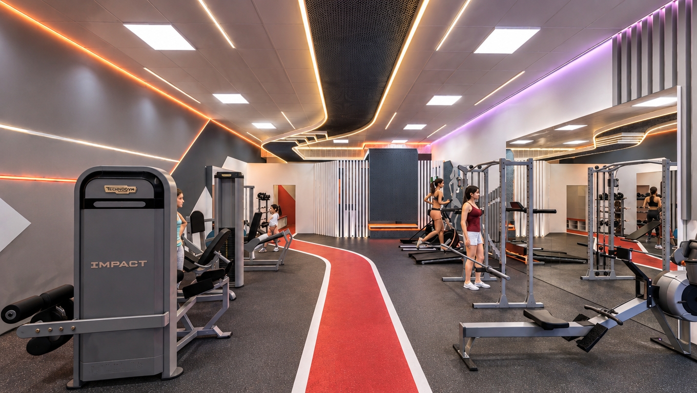 An incredibly lifelike, richly detailed, photorealistic interior photograph of a premium women’s fitness club, set in a modern, high-end athletic facility. The scene is illuminated by a sophisticated blend of cool, crisp daylight emanating from the 60x60 square ceiling panels and the soft, inviting amber glow of the integrated linear lights that trace the room's dynamic, serpentine functional path, creating a high-energy yet polished atmosphere. Captured with a professional-grade wide-angle lens, the image emphasizes the tactile quality of the gray rubberized granule flooring, the subtle metallic sheen and precise highlights on the white box-section partitions, and the intricate, light-diffusing texture of the blue and black perforated metal ceiling panels. The composition masterfully balances the architectural flow—following the purposeful curves of the ceiling—with the vibrant, natural presence of women athletes in modern technical sportswear, captured in authentic moments of movement on the gym equipment. The spatial depth is enhanced by realistic, soft-edged shadows and professional-grade illumination that accentuates the premium finishes, bringing the entire space to life as a fully realized, luxurious environment that feels immediate and inviting.