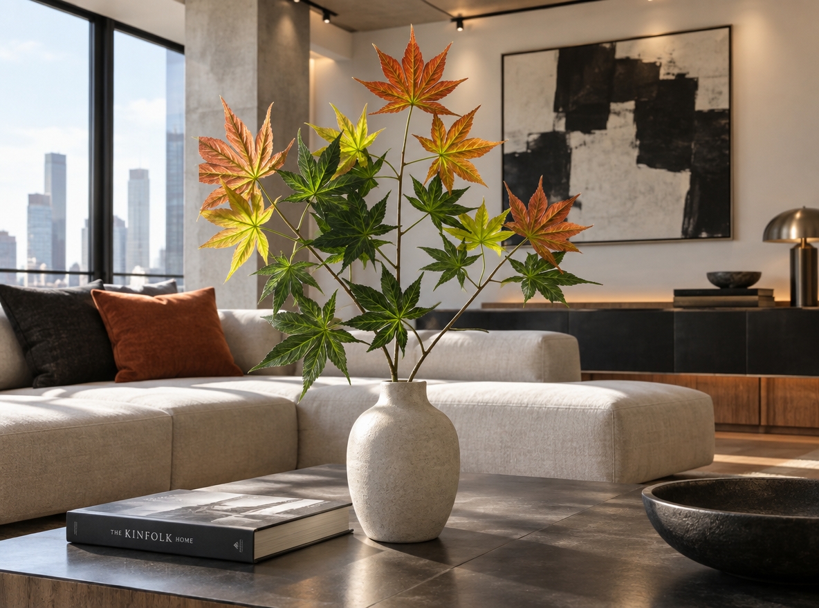 An incredibly lifelike, richly detailed, photorealistic landscape photo of a modern fusion living room set in a sleek, open-concept urban apartment. The scene is illuminated by soft daylight streaming through expansive black-framed windows complemented by warm, recessed ambient track lighting, creating a clean, sophisticated, and dynamic atmosphere. Captured with a professional 35mm wide-angle lens, emphasizing smooth matte surfaces, geometric silhouettes, and tactile botanical textures, the room features a balanced palette of crisp white, deep black, and vibrant seasonal accents. At the center, a low-profile modular coffee table showcases a heavy hardcover photography book alongside a minimalist ceramic vase filled with lush, multi-toned Japanese maple branches displaying rich green, golden, and burnt-orange foliage. In the background, striking abstract wall art hangs above contemporary low-slung seating, harmoniously blending industrial metallic elements, polished concrete, and natural warm wood for a minimal yet impactful interior aesthetic.