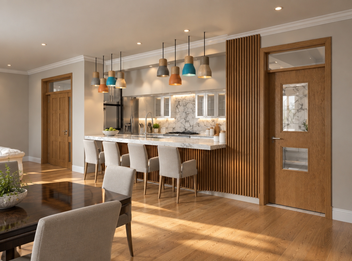 An incredibly lifelike, richly detailed, photorealistic interior shot of a sophisticated modern kitchen and dining transition area set in a luxury residential home. The scene is illuminated by brilliant, natural midday summer light streaming in, accented by the soft, warm glow of elegant recessed ceiling downlighters and the vibrant, playful hues of the hanging pendant lights, creating a bright and inviting atmosphere. Captured with a 35mm wide-angle lens, the image emphasizes the rich, warm grains of the floor-to-ceiling vertical timber slats and the smooth, cool-to-the-touch finish of the marble breakfast bar. The composition expertly draws the eye from the polished, dark-wood dining set in the foreground toward the open-concept kitchen, where the marble backsplash catches the light. Every surface is meticulously detailed; the countertops are tastefully arranged with a collection of high-end stainless steel cutlery, a ceramic fruit bowl, and minimalist kitchen canisters. The transition between walls and ceiling is elegantly finished with crisp white molded cornices, while subtle, clean-lined skirting boards anchor the warm oak-toned flooring. The reflection on the stainless steel appliances and the soft shadows cast by the pendant lights add a profound sense of depth and architectural realism to this contemporary living space.