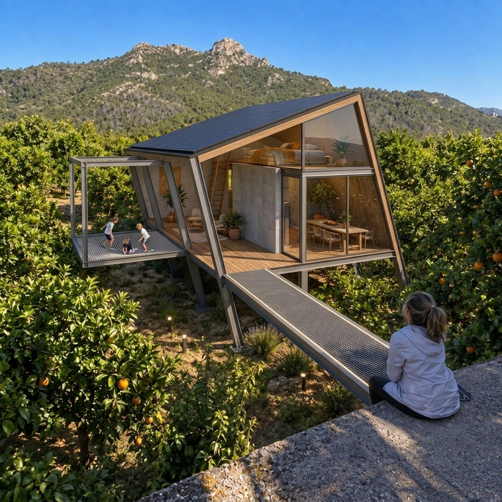 Modify the modern stilt house in the orange grove with the following architectural changes:
- Replace the wooden support stilts with inclined metal pillars that slant parallel to the cabin's angled wooden A-frame roofline.
- Remove the wooden staircase and replace it with a flat, horizontal metal walkway extending directly at level height from where the woman is sitting to the cabin's deck, with no steps.
- Remove the large side glass wall on the left. In front of that side, add an elevated, horizontal play net suspended within a rectangular metal frame, showing kids playing on it.
- Replace prominent wooden interior walls with smooth gray concrete, adding a concrete partition wall between the living area and the side.
- Downsize both the outdoor dining table and the small plunge pool on the deck. Add a large glass window facade in front of the dining table area.
- Add a fixed glass panel enclosing the open upper-level loft bedroom.
- Maintain the surrounding orange tree orchard, sunny daytime lighting, and rocky mountain background.