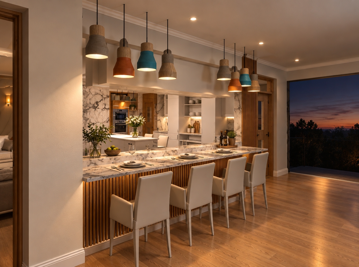 An incredibly lifelike, richly detailed, photorealistic eye-level interior photograph of a sleek, contemporary kitchen at sunset. The scene is illuminated by the warm, amber glow of the golden hour filtering through an adjacent opening, supplemented by the soft, directional task lighting of recessed ceiling downlighters that cast gentle highlights on the polished surfaces, creating an inviting, sophisticated atmosphere. Captured with a 35mm wide-angle lens, the composition emphasizes the clean lines of the breakfast bar, which features a cool, veined Carrara marble countertop resting on a foundation of warm, vertical oak slats. 

The space feels lived-in and luxurious, with delicate place settings of matte porcelain plates and brushed stainless steel cutlery neatly arranged on the bar. Beneath the breakfast counter, elegant white skirting boards meet the polished light-oak hardwood floors, while a crisp, white molded cornice frames the ceiling perimeter, adding a touch of refined architectural character. Above, the multi-colored pendant lights glow with a soft, diffused radiance, reflecting off the high-contrast white marble backsplash visible through the serving pass-through. The surrounding environment suggests a tranquil summer evening, with the deep indigo of the twilight sky contrasting beautifully against the warm, intimate interior, where the depth of field is carefully managed to pull the focus toward the refined texture of the marble and the polished finish of the modern dining chairs.