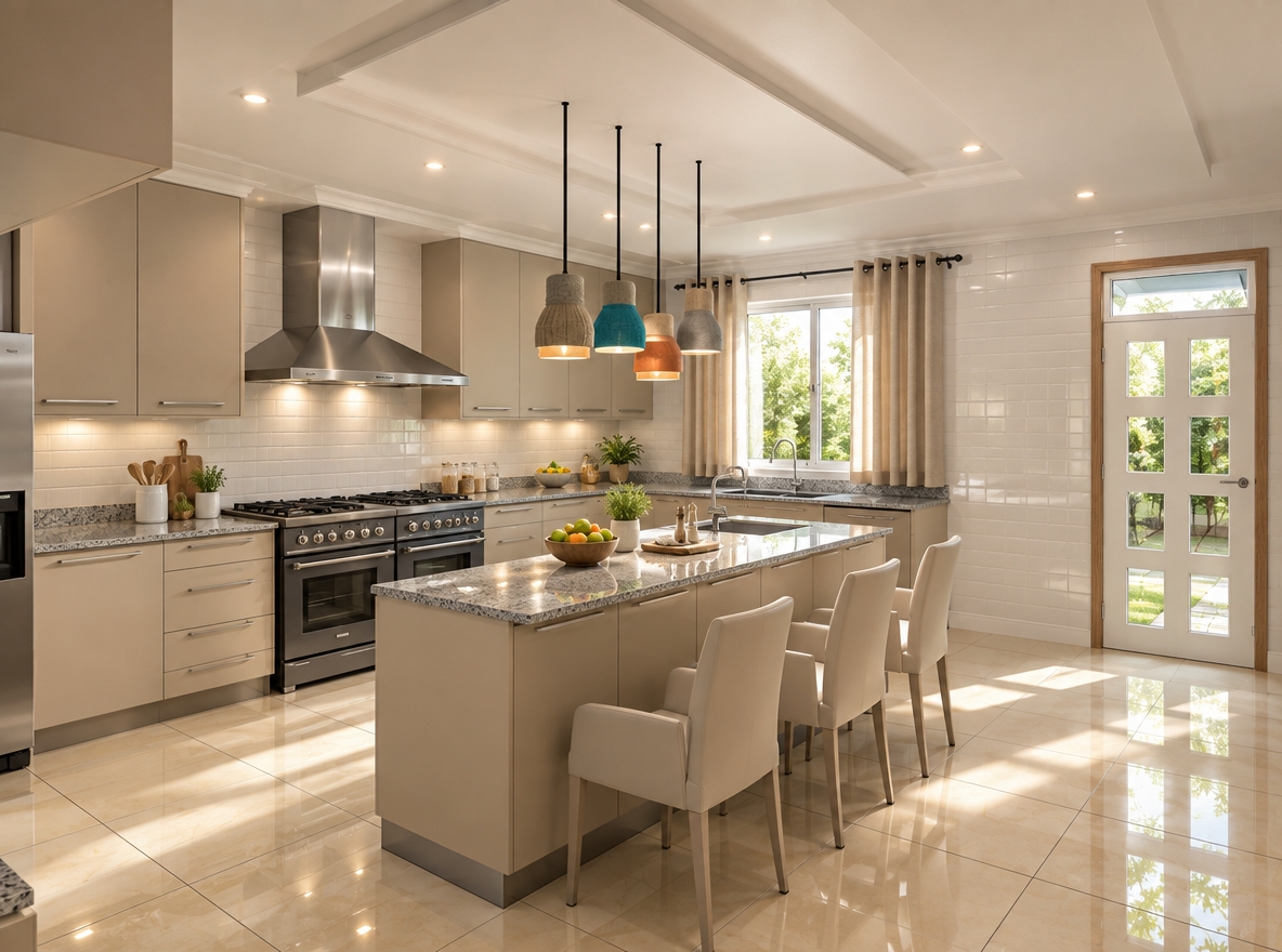 An incredibly lifelike, richly detailed, photorealistic interior shot of a contemporary residential kitchen set in a bright, sun-drenched home. The scene is illuminated by crisp midday sunlight streaming through the window and supplemented by warm, recessed ceiling downlighters, creating a welcoming and sophisticated atmosphere. Captured with a 35mm wide-angle lens, the image emphasizes the high-gloss sheen of the beige floor tiles and the intricate, cool-toned grain of the premium MDF cabinetry. A sleek stainless steel extractor hood hangs prominently above the professional-grade black cookers, perfectly complementing the grey granite countertops. The space is brought to life with thoughtful details: elegant cutlery rests neatly on the island, a bowl of fresh fruit sits near the sink, and a touch of organic warmth is provided by the light beige curtains and the lush, vibrant green foliage visible through the window. The composition highlights the clean lines of the kitchen, with the polished glazed white wall tiles reflecting the soft ambient light to create a sense of airy, contemporary elegance.