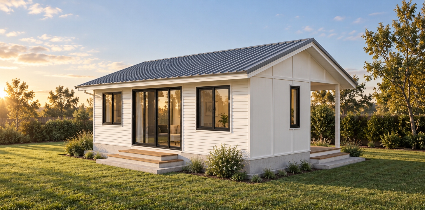 An eye-level architectural photograph captured on a 35mm lens under warm, late-afternoon sunlight, casting realistic soft shadows across the lawn. The small white siding house, corrugated metal roof, black-framed windows, and wooden deck stairs maintain their exact geometry and materials, rendered with authentic surface textures, subtle specular highlights, and natural reflections on the glass. The flat green ground is replaced with natural, textured turf, complemented by a soft natural background with a few subtle trees and a clear, atmospheric sky, completed with delicate lens grain and balanced exposure.