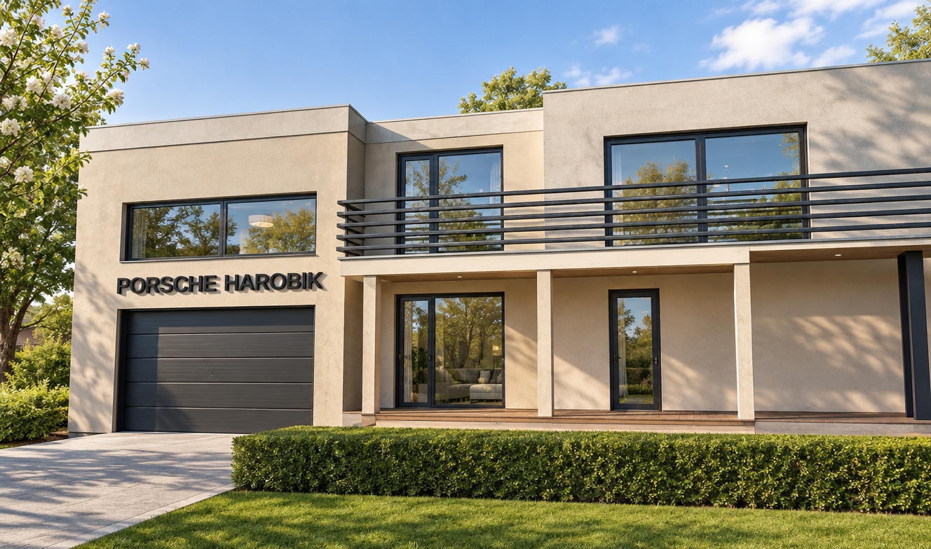 An incredibly lifelike, richly detailed, photorealistic eye-level exterior shot of a modern fusion residence set in a serene, spring-time suburban enclave. The scene is illuminated by the crisp, golden-hued light of a clear midday sun, creating a vibrant and welcoming atmosphere. Captured with a 35mm lens, the image emphasizes the sharp, clean lines of the architectural geometry and the high-contrast textures of the smooth, matte-finished concrete facade paired with polished metallic balcony railings.

The composition highlights a bold, modular structure where the clean, minimalist aesthetic meets industrial-inspired detailing. Large, floor-to-ceiling glass panels offer a hint of the open-concept living space within, reflecting the lush, manicured greenery and swaying spring foliage that frames the building. The sleek, dark-framed garage door serves as a grounding anchor for the minimalist exterior, while the sharp, geometric shadow play across the facade underscores the building's sophisticated, contemporary form. The overall effect is one of quiet luxury, blending modern architectural precision with the organic vitality of the surrounding landscape.