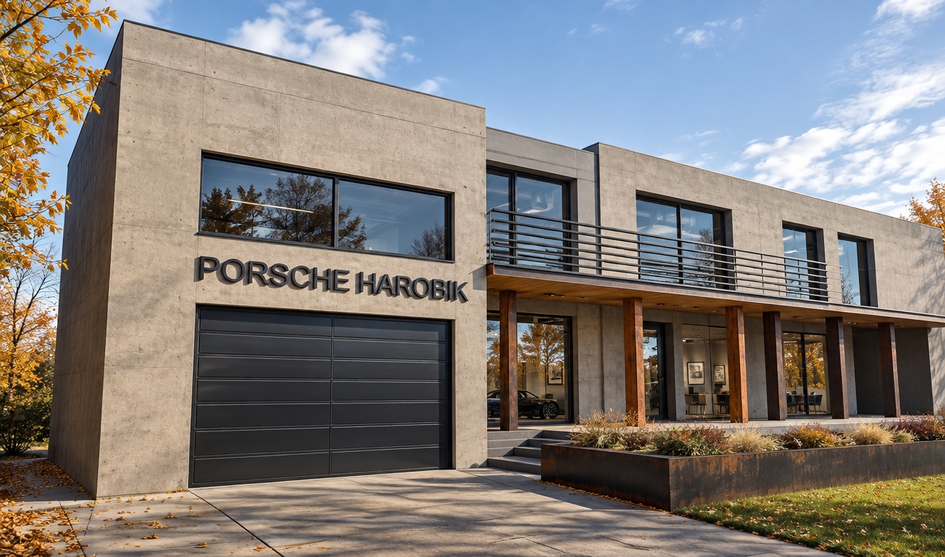 An incredibly lifelike, richly detailed, photorealistic exterior wide-angle shot of a sophisticated Porsche showroom and creative office suite set in an urban industrial district during a crisp autumn midday. The scene is illuminated by the sharp, clear light of a sunlit afternoon, creating a clean, professional atmosphere with crisp, defined shadows. Captured with a Phase One XF IQ4, 35mm lens, emphasizing the matte sand-colored concrete facade, the reflective precision of the tinted floor-to-ceiling glass, and the stark contrast of the dark metallic garage door.

The architecture follows a rigorous, warehouse-inspired aesthetic, featuring a seamless blend of raw, repurposed industrial materials and modern luxury. To the right, a sprawling porch with slender steel supports connects to a refined home office interior where hints of reclaimed wood desks and exposed black-painted ductwork catch the light. The color palette is composed of sophisticated shades of slate gray, charcoal, and brushed rust metal, grounding the building against a backdrop of golden-hued autumn foliage. The composition uses a low-angle perspective to emphasize the structural rhythm of the horizontal steel balustrades and the clean, geometric lines of the building, evoking the feeling of a premium architectural monograph.