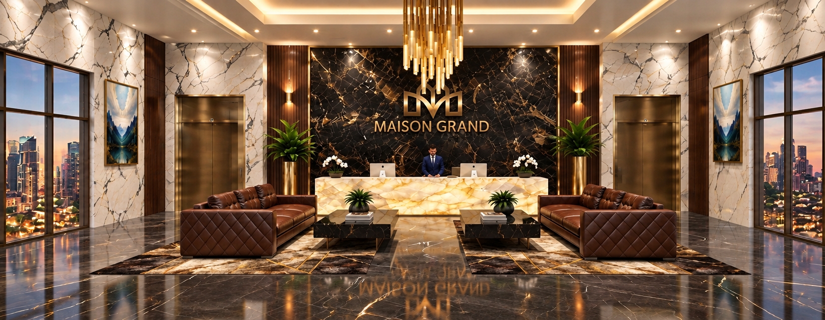 An incredibly lifelike, richly detailed, photorealistic wide-angle shot of a grand hotel lobby set in a bustling urban high-rise. The scene is illuminated by the soft, golden glow of a cascading tiered chandelier and the ethereal backlighting of an onyx reception desk, creating a sophisticated and welcoming atmosphere. Captured with a 24mm tilt-shift lens, emphasizing the sharp, reflective textures of the dark marble flooring and the opulent white-veined stone wall cladding.

This modern fusion lobby masterfully balances bold, geometric precision with luxurious warmth. Two deep brown leather sofas with meticulous diamond-tufted detailing anchor the space, resting on intricate, abstract-patterned rugs that mirror the room's contemporary aesthetic. The centerpiece is a commanding, dark, high-gloss stone wall featuring the "Maison Grand" logo in metallic gold, flanked by tall, sculptural planters of vibrant lush greenery. Flanking the reception are sleek, brushed-bronze elevator doors and floor-to-ceiling windows that offer a breathtaking, atmospheric view of the city skyline at dusk. Minimalist décor, including polished coffee tables and delicate white orchids, enhances the open-concept layout, while the reflective surfaces create a sense of infinite depth and high-end elegance.