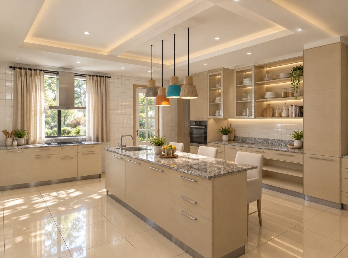 An incredibly lifelike, richly detailed, photorealistic wide-angle shot of a bright, airy kitchen in a modern contemporary residence, set in a lush, verdant summer environment. The scene is illuminated by soft, natural midday sunlight pouring through the window, augmented by warm ceiling downlighters that cast a gentle, welcoming glow, creating a serene and sophisticated atmosphere. Captured with a 24mm wide-angle lens, emphasizing the crisp contrast between the shimmering glazed white wall tiles and the warm, high-gloss beige floor tiles. The cabinetry, crafted from premium beige MDF with a subtle, tactile wood grain, complements the sleek, polished grey granite countertops that feature realistic speckling and depth. Above the integrated induction cooker, a stainless-steel extractor hood gleams under the light. The central island serves as a functional centerpiece, complete with modern cutlery, a decorative ceramic fruit bowl, and minimalist bar seating upholstered in soft cream fabric. Suspended above, a series of vibrant, multi-colored pendant lights add a playful pop of color to the neutral palette. The window, dressed in flowing, light beige floor-to-ceiling curtains, reveals a blurred, vibrant leafy garden outside, while the entire composition creates a sense of clean, contemporary elegance through meticulous material finishings and sharp, architectural lines.