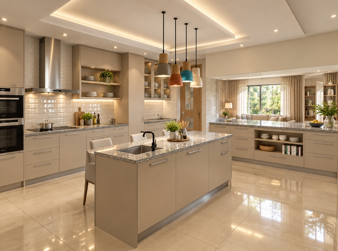 An incredibly lifelike, richly detailed, photorealistic wide-angle shot of a contemporary residential kitchen set in a sun-drenched, open-plan home. The scene is illuminated by soft, natural midday summer light streaming through a large window, complemented by subtle ceiling downlighters that cast a warm, inviting glow, creating an atmosphere of refined contemporary elegance. Captured with a 35mm lens, emphasizing the crisp, high-gloss textures of the glazed white subway wall tiles and the cool, speckled finish of the grey granite countertops. The cabinetry is crafted from high-quality, fine-grained beige MDF, perfectly paired with the polished beige tiled floors that reflect the gentle light. Above the modern built-in ovens, a sleek stainless steel extractor hood is integrated seamlessly into the design. The kitchen island serves as a functional centerpiece, complete with a contemporary undermount sink, minimalist matte black faucet, and an organized collection of polished silver cutlery and artisanal kitchen accessories. In the background, elegant light beige curtains frame a lush, vibrant leafy garden, while a warm, ambient light spills in from the adjacent living room, hinting at a cozy, lived-in space. The depth of field is carefully balanced, drawing the eye toward the playful, colorful pendant lights hanging gracefully above the island, creating a sophisticated visual focal point in this harmonious and meticulously detailed culinary sanctuary.