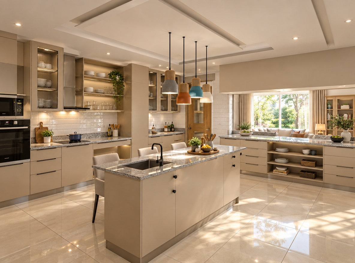An incredibly lifelike, richly detailed, photorealistic wide-angle shot of a contemporary residential kitchen set in a sun-drenched, open-plan home. The scene is illuminated by soft, natural midday summer light streaming through a large window, complemented by subtle ceiling downlighters that cast a warm, inviting glow, creating an atmosphere of refined contemporary elegance. Captured with a 35mm lens, emphasizing the crisp, high-gloss textures of the glazed white subway wall tiles and the cool, speckled finish of the grey granite countertops. The cabinetry is crafted from high-quality, fine-grained beige MDF, perfectly paired with the polished beige tiled floors that reflect the gentle light. Above the modern built-in ovens, a sleek stainless steel extractor hood is integrated seamlessly into the design. The kitchen island serves as a functional centerpiece, complete with a contemporary undermount sink, minimalist matte black faucet, and an organized collection of polished silver cutlery and artisanal kitchen accessories. In the background, elegant light beige curtains frame a lush, vibrant leafy garden, while a warm, ambient light spills in from the adjacent living room, hinting at a cozy, lived-in space. The depth of field is carefully balanced, drawing the eye toward the playful, colorful pendant lights hanging gracefully above the island, creating a sophisticated visual focal point in this harmonious and meticulously detailed culinary sanctuary.