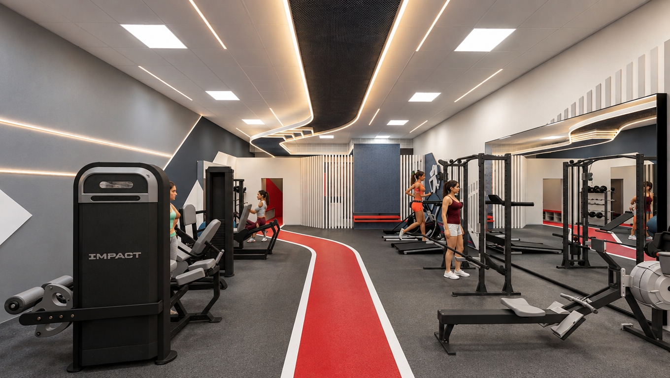 An incredibly lifelike, richly detailed, photorealistic wide-angle interior photograph of a premium women’s fitness center, set within a modern, minimalist architectural space. The scene is illuminated by a sophisticated blend of soft, diffused white light from the overhead 60x60 cm ceiling panels and a gentle, warm amber glow emanating from the signature curved linear light path that carves through the ceiling’s perforated blue and black metal panels. Captured with a professional-grade full-frame camera and a 24mm wide-angle lens, the image emphasizes the high-fidelity textures of the gray rubberized flooring and the subtle, satin-sheen highlights on the white metal partition slats. A dynamic atmosphere of wellness is established by naturalistic depictions of women athletes in contemporary, high-performance sportswear, engaged in focused exercise across the various training stations. The composition draws the eye along the vibrant red rubber track that delineates the central functional path, creating a sense of depth as it leads toward the back of the gym, while the reflection in the oversized wall mirror doubles the visual energy of the space. Every detail, from the matte finish of the black "IMPACT" strength equipment to the nuanced, realistic shadows cast by the machinery, exudes the quality of a high-end architectural portfolio shoot, resulting in a serene, balanced, and intensely professional environment.