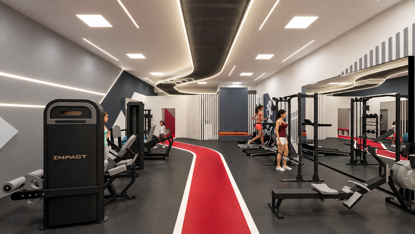 An incredibly lifelike, richly detailed, photorealistic interior shot of a high-end fitness gym set in a minimalist haven. The scene is illuminated by crisp, recessed LED strip lighting and soft ambient overhead panels, creating a serene, modern, and uncluttered atmosphere. Captured with a wide-angle 24mm lens to emphasize the clean, geometric lines of the space, the rendering highlights a bold, central running track in vibrant red that cuts through the monochromatic floor of deep charcoal, providing a striking contrast to the surrounding shades of crisp white and slate gray. The room features a seamless integration of sleek, matte-black heavy-duty gym equipment and streamlined architecture, where a serpentine dark metallic ceiling feature guides the eye toward the rear of the facility. To the right, an expansive, floor-to-ceiling mirror creates an elegant sense of depth and openness, reflecting the organized, clutter-free environment and functional workout stations. The design aesthetic is truly Zen-inspired, marked by wall surfaces adorned with subtle, abstract geometric motifs and carefully placed minimalist accents, while the impeccable organization—devoid of any unnecessary equipment—reflects a sophisticated, professional athletic space built for focus, clarity, and peak physical performance.