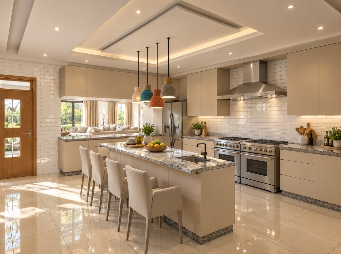 An incredibly lifelike, richly detailed, photorealistic interior shot of a contemporary residential kitchen set in a bright, sun-drenched home. The scene is illuminated by crisp midday natural light and warm, recessed ceiling downlighters, creating a sophisticated yet inviting summer atmosphere. Captured with a wide-angle 24mm lens, emphasizing the seamless interplay between the sleek beige MDF cabinetry, the cool grey granite countertops, and the reflective, high-gloss beige floor tiles. 

The kitchen exudes contemporary elegance, featuring walls clad in immaculate, glazed white subway tiles that catch the sun filtering in from the leafy green outdoor garden visible through the windows. Above the professional-grade dual stainless steel stoves, a sleek, custom-integrated extractor hood sits perfectly aligned. The central island is thoughtfully styled with polished cutlery, a set of stoneware, and fresh fruit bowls, while the row of vibrant, multi-toned pendant lights casts a soft glow over the breakfast area. In the background, the living room is bathed in an airy, warm light, accented by flowing, floor-to-ceiling light beige curtains. The composition is balanced and spacious, with every texture—from the finely grained wood-effect MDF to the speckled natural granite—rendered with absolute precision and depth, resulting in a space that feels both highly functional and artistically refined.