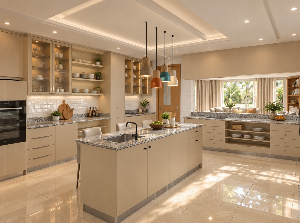 An incredibly lifelike, richly detailed, photorealistic wide-angle interior shot of a contemporary kitchen set in a sun-drenched, modern residential villa. The scene is illuminated by soft, natural midday light streaming through windows, complemented by warm, recessed ceiling downlighters that cast elegant highlights across the space, creating a bright and inviting atmosphere. Captured with a 35mm full-frame lens, emphasizing the fine grain of the beige MDF cabinetry and the intricate salt-and-pepper speckling of the polished grey granite countertops. The backsplash is composed of pristine, high-gloss white subway tiles that reflect the ambient light, seamlessly transitioning into the sophisticated beige glazed floor tiles. A central kitchen island features a sleek matte-black faucet and a curated display of artisanal ceramic bowls and polished stainless steel cutlery. Above, a cluster of modern pendant lights in muted earthy and teal tones adds a touch of artistic flair. Through the wide serving pass-through, a glimpse into the sunlit living area reveals soft, floor-to-ceiling light beige curtains and a vibrant, leafy garden vista, grounding the kitchen in a serene, natural context. Every texture, from the smooth, cool stone to the warm, smooth-finished wood, is rendered with absolute clarity, embodying the essence of contemporary elegance.