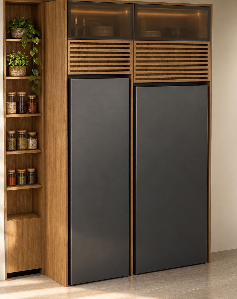 A photorealistic architectural photograph capturing the exact built-in kitchen cabinetry composition and perspective, rendered in rich warm medium-brown oak veneer with natural wood grain. The upper cabinet doors feature elegant smoky amber-tinted glass set in slim matte dark bronze frames above the existing wooden slat details. The two tall compartments house a realistic panel-ready matte charcoal refrigerator and freezer, maintaining their exact original heights and layout. The left open shelves are neatly styled, holding lush woven green plants across the top two tiers and an orderly array of glass spice jars on the lower shelves. Soft, diffused interior lighting casts gentle ambient shadows and realistic specular reflections across the surfaces, photographed with a clean, sharp architectural lens against a neutral background.