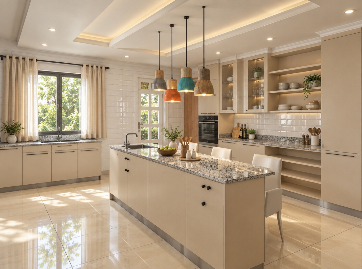 An incredibly lifelike, richly detailed, photorealistic interior shot of a sophisticated contemporary kitchen set in a bright, airy residential home. The scene is illuminated by the soft, natural glow of midday summer light streaming through the window, augmented by recessed ceiling downlighters that cast a warm, inviting ambiance across the space. Captured with a professional 35mm lens, the image emphasizes the high-gloss textures of the white glazed wall tiles and the reflective, polished beige floor tiles that ground the room in elegance. The cabinetry, finished in a refined, light-grained beige MDF, pairs seamlessly with the cool, speckled grey granite countertops. Floating above the central island, a quartet of colorful, modern pendant lights acts as a focal point, drawing the eye toward the island where curated cutlery and minimalist stoneware sit ready for use. Through the window, soft, light beige curtains are pulled aside to reveal a lush, vibrant green leafy garden, bringing a touch of nature into the clean, modern interior. The composition balances the structured geometry of the kitchen layout with the organic softness of the exterior greenery, creating a harmonious and polished atmosphere of contemporary luxury.