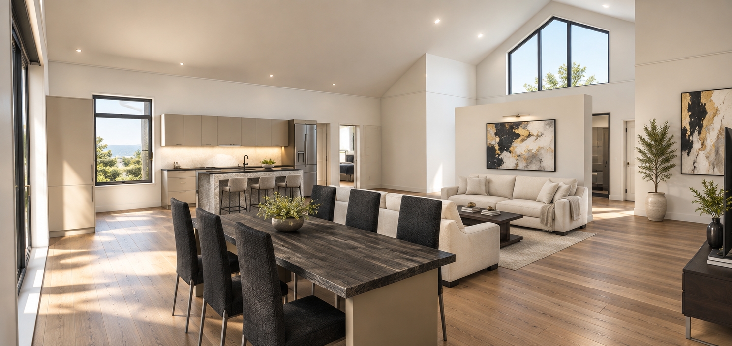 An incredibly lifelike, richly detailed, photorealistic wide-angle interior photo of an expansive, open-concept living space set in a modern, light-filled suburban villa. The scene is illuminated by soft, natural afternoon sunlight streaming through the dramatic vaulted windows, creating a serene and airy atmosphere. Captured with a 24mm wide-angle lens, emphasizing the clean lines of the vaulted ceilings and the rich, organic textures of the dark stained wood dining table.

The space masterfully blends sleek urban design with contemporary comfort. The kitchen features modular cabinetry in a matte champagne finish, contrasted against a rugged, industrial-inspired stone-veneer island topped with industrial metal accents. The dining area is anchored by six high-backed chairs in a textured black weave, perfectly complementing the minimalist aesthetic. A plush, cream-toned sectional sofa defines the lounge, resting atop warm, wide-plank oak flooring that ties the zones together. The walls serve as a crisp white gallery space, punctuated by bold, abstract wall art in monochromatic tones with vibrant gold leaf accents. Lush greenery in oversized ceramic planters adds a touch of organic life to the corners, softening the geometric precision of the architecture. The composition is balanced and inviting, with the deep shadows and soft highlights rendered with photographic precision to showcase a sophisticated, high-end living environment.
