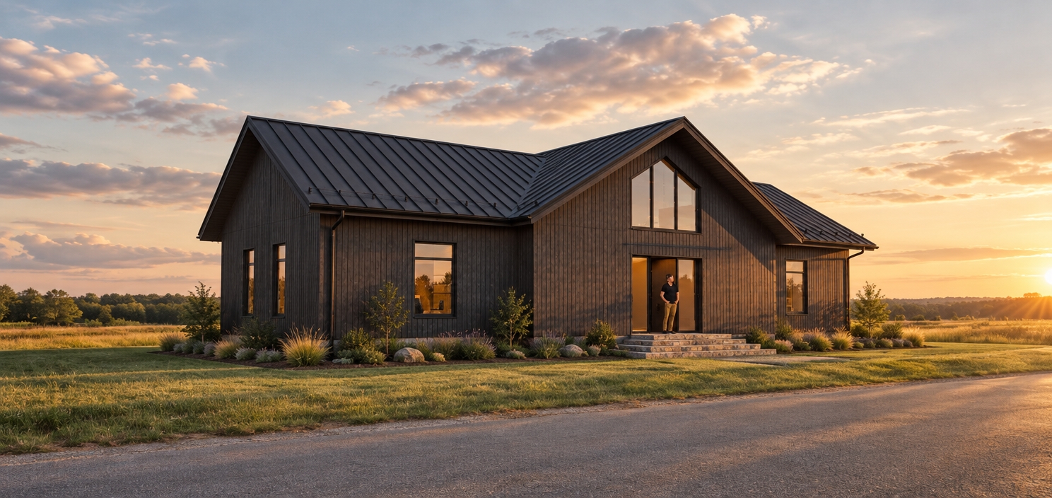 An incredibly lifelike, richly detailed, photorealistic wide-angle exterior shot of a striking modern-fusion residence set in a serene, sprawling meadow at golden hour. The scene is illuminated by the soft, directional glow of late afternoon light, creating a sophisticated and tranquil atmosphere. Captured with a 35mm lens, the image emphasizes the crisp textures of the vertical charcoal-stained timber cladding and the sharp, clean lines of the standing-seam matte black metal roof.

The architectural design exudes a bold, geometric presence, characterized by its open-concept silhouette and dramatic gable peak, where a high-transparency triangular window hints at the light-filled, industrial-inspired living space within. The entryway is anchored by rustic, multi-toned stone steps, grounding the dark, sleek facade against the lush, manicured greenery that surrounds the home. A subtle interplay of shadow and light accentuates the building’s modular form, while the understated landscape design and the smooth, reflective finish of the glass panes enhance the high-end, contemporary aesthetic, making the structure feel both grounded in its environment and avant-garde in its refinement.