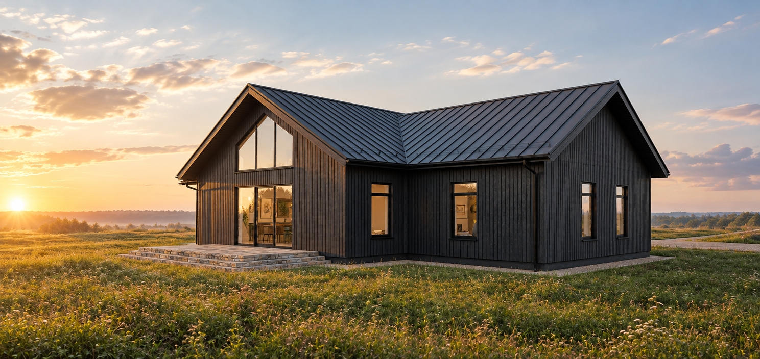 An incredibly lifelike, richly detailed, photorealistic wide-angle exterior shot of a modern Scandinavian-inspired villa set in a serene, sprawling meadow at golden hour. The scene is illuminated by soft, directional late-afternoon sunlight, creating a crisp, contemplative atmosphere. Captured with a Phase One XF IQ4 medium format camera and a 35mm lens, the image emphasizes the vertical grain of the charred-timber facade and the precise metallic sheen of the standing-seam metal roof.

The architecture is a masterclass in modern fusion, blending sleek, minimalist lines with an industrial-inspired edge. The deep, matte-black exterior panels provide a bold, geometric silhouette that contrasts beautifully against the vibrant, verdant green of the surrounding landscape. The centerpiece of the facade is a towering gable-end window system, which reveals glimpses of a curated open-concept living area—an interior punctuated by abstract wall art, warm wooden shelving, and subtle metallic accents that catch the fading light. A set of natural stone steps leads onto a refined patio, blurring the transition between the modular structure and the organic field. The composition highlights the depth of the window recesses and the sharp, clean junctions of the roofline, while a light, ethereal haze hangs in the distance, softening the horizon and adding a sense of quiet permanence to this contemporary retreat.