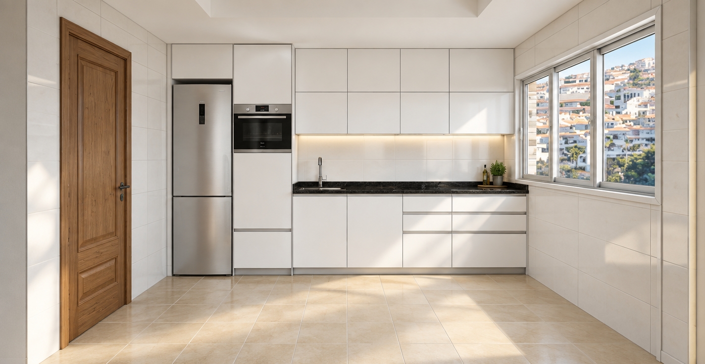 An eye-level architectural photograph captured with a 24mm lens, faithfully preserving the exact layout, geometry, and materials. Bright natural daylight streams through the right window, casting soft directional light across the clean white cabinetry, polished black countertop, and light tan floor tiles. The wooden door reveals natural timber grain and satin finish, while the stainless steel appliances, chrome faucet, and white wall tiles display realistic micro-textures, subtle reflections, and soft ambient contact shadows for true photorealism.