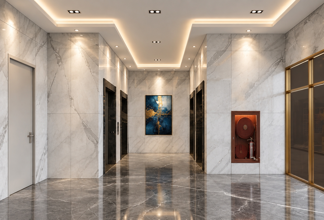 An incredibly lifelike, richly detailed, photorealistic interior shot of a sophisticated hotel lobby set in a minimalist haven. The scene is illuminated by soft, recessed perimeter cove lighting and precise ceiling downlights, creating a serene, Zen-inspired atmosphere. Captured with a 35mm wide-angle lens, emphasizing the crisp, clean lines of the space and the luxurious textures of the polished marble surfaces.

The composition centers on a balanced, symmetrical hallway clad in expansive, book-matched white marble panels with delicate gray veining, reflecting the high-gloss dark gray stone flooring. The minimalist aesthetic is punctuated by a striking piece of abstract wall art in deep blues and golds, serving as the visual anchor at the terminus of the hall. The space is entirely uncluttered, prioritizing functional elegance with streamlined, recessed elevator portals and a concealed fire-safety cabinet framed in rich mahogany tones. Warm, subtle light cascades down the walls, highlighting the flawless joinery of the stone and the clean, monochromatic palette that defines this refined, modern sanctuary.