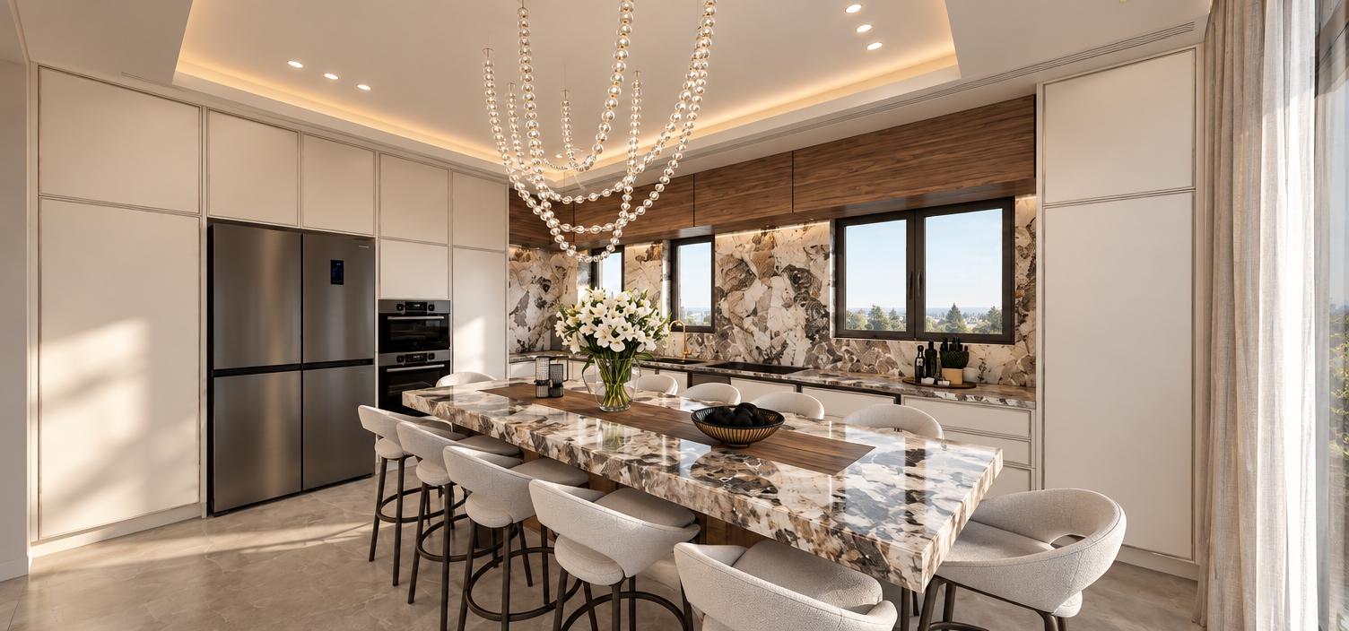 An architectural interior photograph capturing this modern kitchen precisely as laid out, featuring a smooth white plaster ceiling illuminated by soft, warm hidden cove lighting running along the recessed tray. Natural daylight filters through the windows to balance the indirect ceiling glow, casting gentle specular highlights across the heavily veined marble island, counters, and backsplash. The beaded crystal chandelier sparkles softly above the textured barstools, while matte white cabinetry, natural wood grain upper cabinets, and dark stainless appliances show authentic micro-textures, crisp edge transitions, and realistic, diffuse shadows throughout.