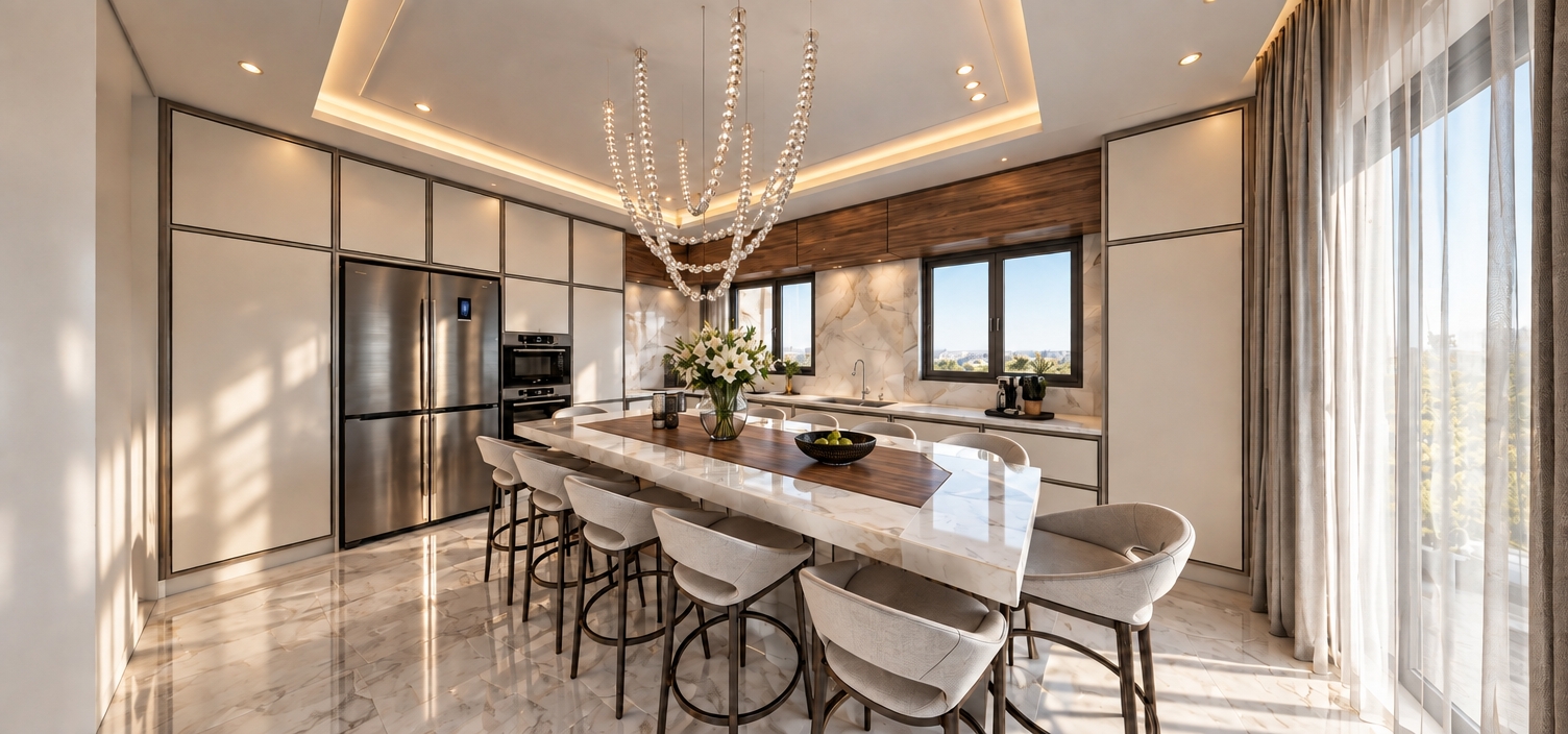 An architectural photograph of this modern kitchen captured with a wide-angle tilt-shift lens at eye level. The crisp white recessed ceiling is softly illuminated by warm hidden cove lighting, harmonizing with natural daylight streaming through the sheer window curtains to cast delicate shadows across the room. The polished white marble floor displays authentic high-gloss reflections with realistic marble veining and subtle floor grout details. Enhance real-world fidelity with natural light falloff, crisp reflections in the stainless steel refrigerator, subtle micro-textures on the fabric barstools, fine glass highlights on the hanging beaded chandelier, and faint photographic grain.