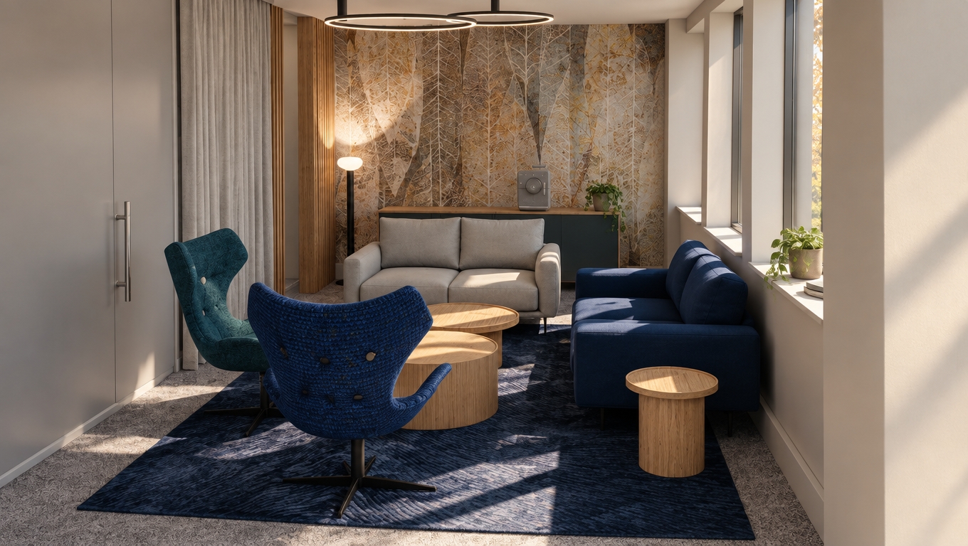 An architectural interior photograph of the modern lounge captured at midday in autumn, precisely preserving the existing composition and geometry. Crisp, natural midday sunlight streams through the windows on the right, casting defined, warm patches of light and soft ambient shadows across the textured deep-blue rug, gray carpet, and light wood tables. The fabric weaves on the blue and teal chairs, smooth upholstery of the sofas, and the detailed leaf-motif feature wall are rendered with tactile, realistic material physics under balanced daylight, complemented by a soft glow from the modern light fixtures and subtle lens vignetting.