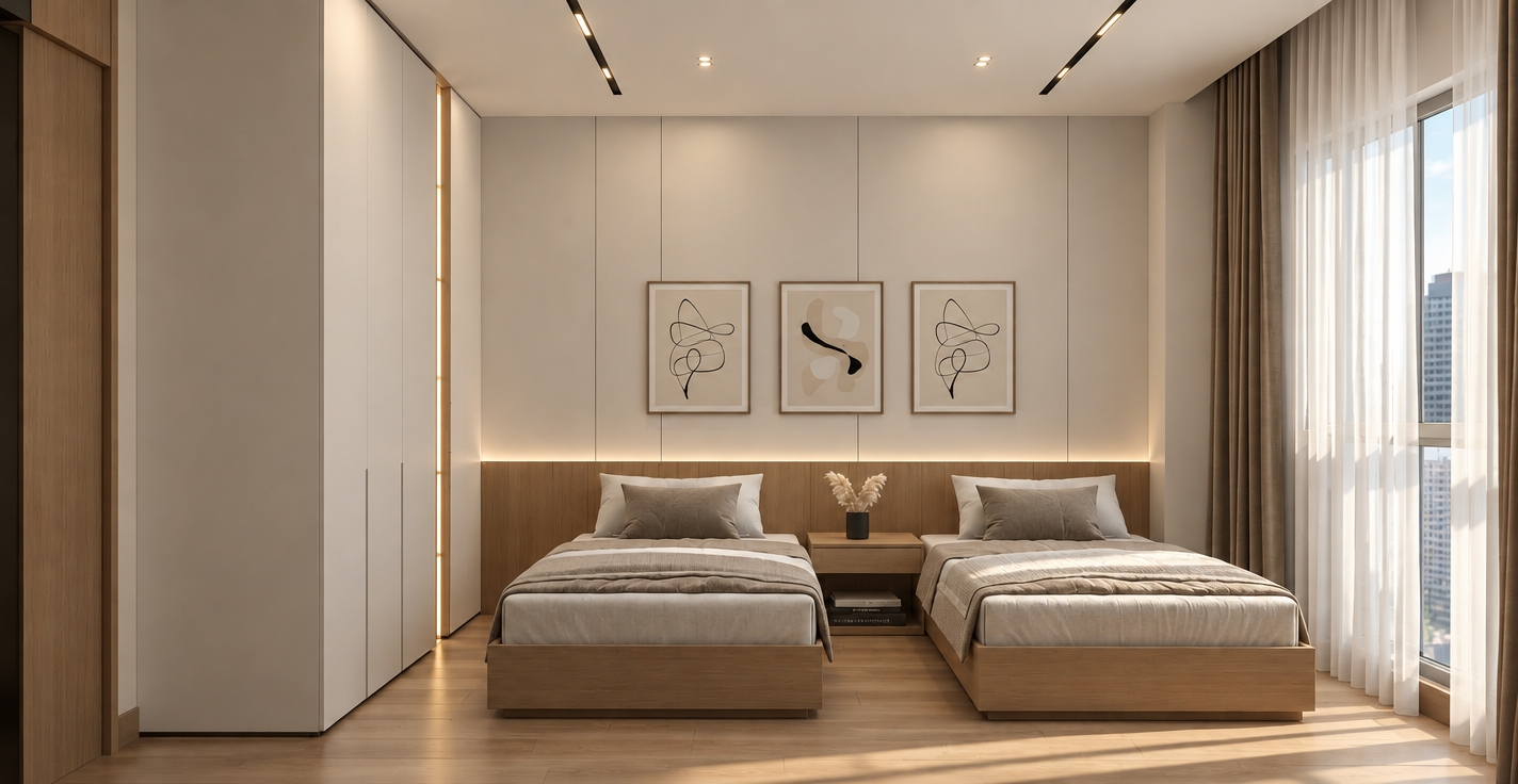 An incredibly lifelike, richly detailed, photorealistic interior shot of a minimalist bedroom set in a serene urban high-rise apartment. The scene is illuminated by soft, natural afternoon sunlight filtering through sheer curtains, complemented by warm, recessed LED accent lighting, creating a tranquil, zen-inspired atmosphere. Captured with a 35mm wide-angle lens, emphasizing the clean lines, smooth matte white cabinetry, and the organic warmth of the light oak bed frames and matching nightstand.

The composition centers on a streamlined, monochromatic twin-bed arrangement grounded by a subtle palette of cream, taupe, and soft gray. Above the unified headboard, three pieces of delicate abstract wall art provide a sophisticated focal point, while the uncluttered bedside table features a single, minimalist vase with dried botanicals and a curated photography book. The floor-to-ceiling drapery softens the light, casting gentle, elongated shadows across the light wood flooring, enhancing the depth and spatial harmony of this peaceful, functional sanctuary.