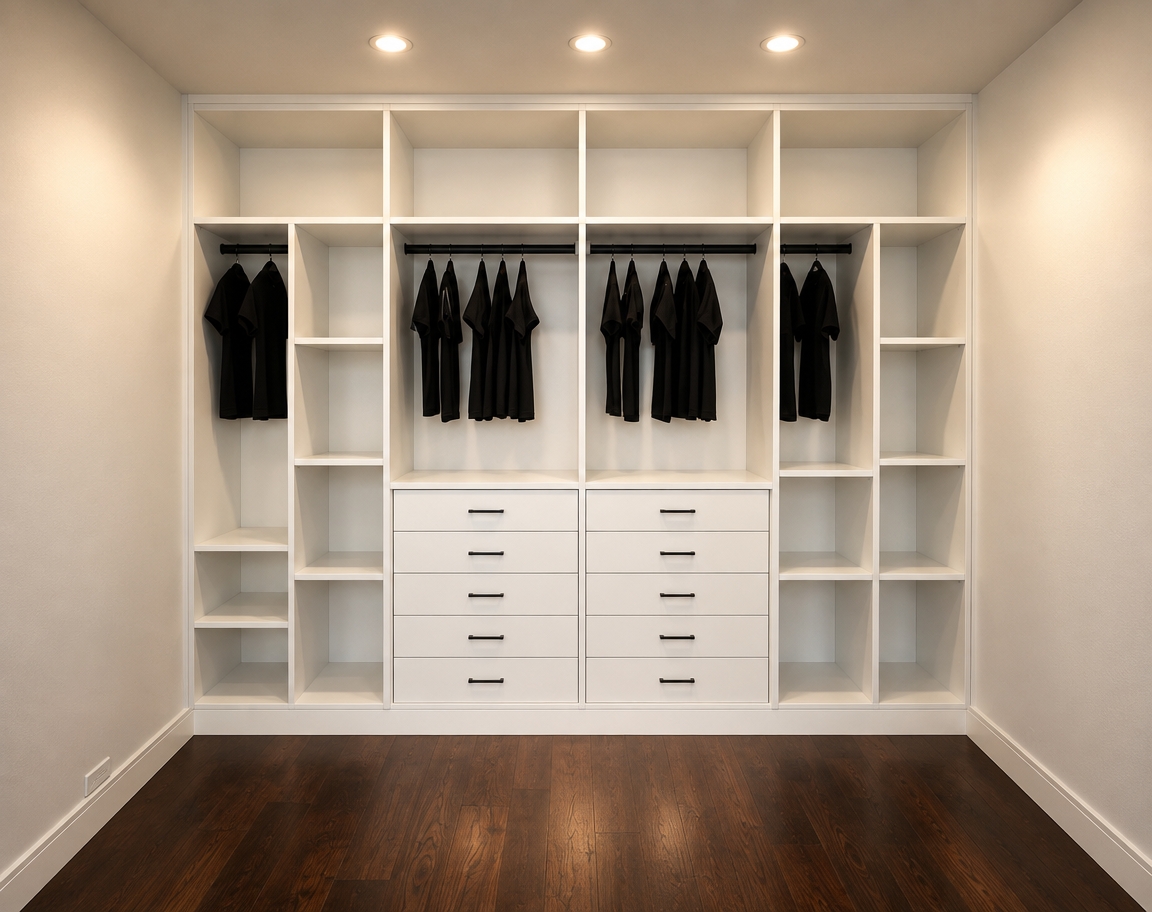 A photograph of the identical walk-in closet setup, capturing the scene with a 35mm architectural lens focused straight-on. Warm 3000K overhead recessed spotlights cast soft, graduated shadows and realistic highlights across the satin-finish white cabinetry, emphasizing delicate panel joints and micro-textures. The hanging black garments show tactile fabric weave and natural draped creasing. The dark hardwood floor displays authentic wood grain variations, subtle surface sheen, and soft reflections from the ceiling lights. Fine natural photographic details—gentle tonal transitions, authentic depth of field, and slight edge vignetting—replace the sterile CGI appearance with an authentic, lived-in feel while preserving every exact geometric placement.