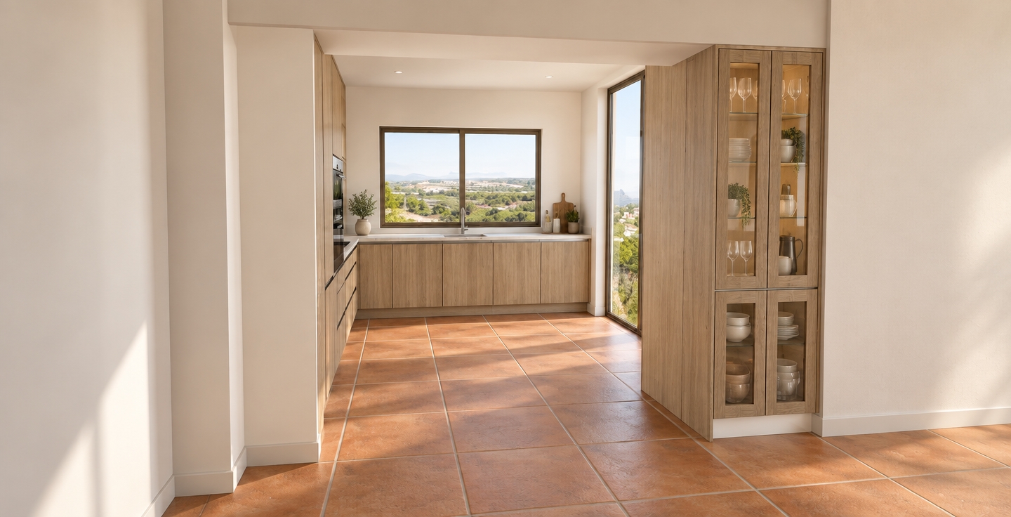 An architectural photograph of the kitchen matching the exact composition, geometry, and layout of the scene. Bright natural daylight streams through the exterior windows, casting soft directional shadows across the warm, matte terracotta floor tiles. The cabinetry displays authentic light wood-grain textures, while the integrated range hood and appliances on the left feature realistic brushed stainless steel finishes. Clear glass display doors on the right showcase subtle interior reflections and translucent glassware inside. Captured with a professional wide-angle tilt-shift lens, the image has crisp depth of field, balanced natural exposure, and lifelike material surfaces.