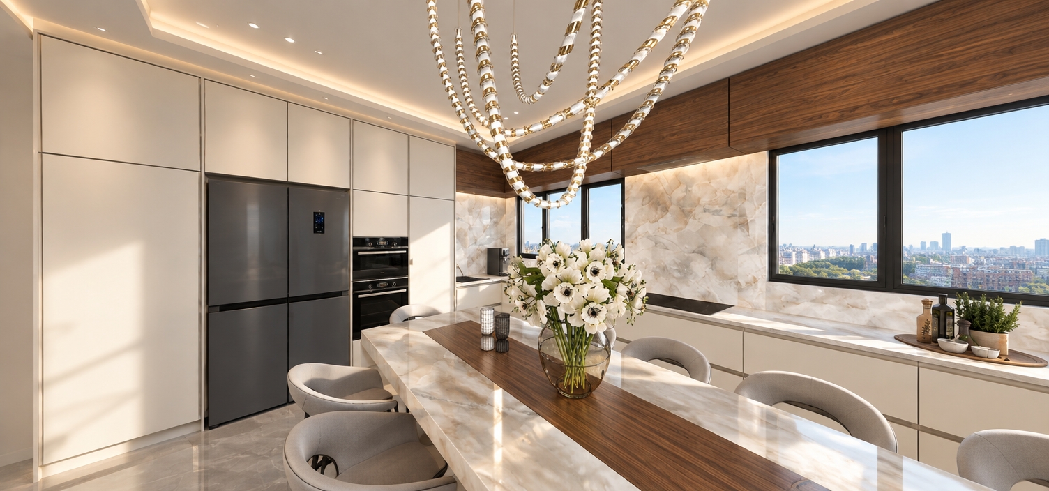 An incredibly lifelike, richly detailed, photorealistic wide-angle interior shot of a bespoke contemporary kitchen set in a luxurious urban residence. The scene is illuminated by soft, natural midday spring sunlight streaming through large picture windows, complemented by the warm, ethereal glow of hidden LED strips recessed into the crisp white ceiling, creating a serene and sophisticated atmosphere. Captured with a 24mm wide-angle lens, emphasizing the high-contrast textures of polished Calacatta marble backsplashes and the deep, organic grain of walnut wood soffits. 

The composition is centered around a grand kitchen island topped with a seamless stone slab, featuring an inlaid dark wood runner that anchors a delicate, sculptural floral arrangement. Above, a sweeping, avant-garde ribbon chandelier acts as the room's crowning jewel, its metallic finish catching the daylight. The cabinetry is a study in refined minimalism, finished in a soft matte cream with thin, sharp shadow lines that emphasize the precision of the joinery. To the side, a professional-grade charcoal-toned refrigerator and double oven suite provide a grounded, modern contrast. The perspective pulls the viewer into the heart of the home, where the polished floor reflects the subtle interplay of light and shadow, evoking a sense of tranquil, high-end living.