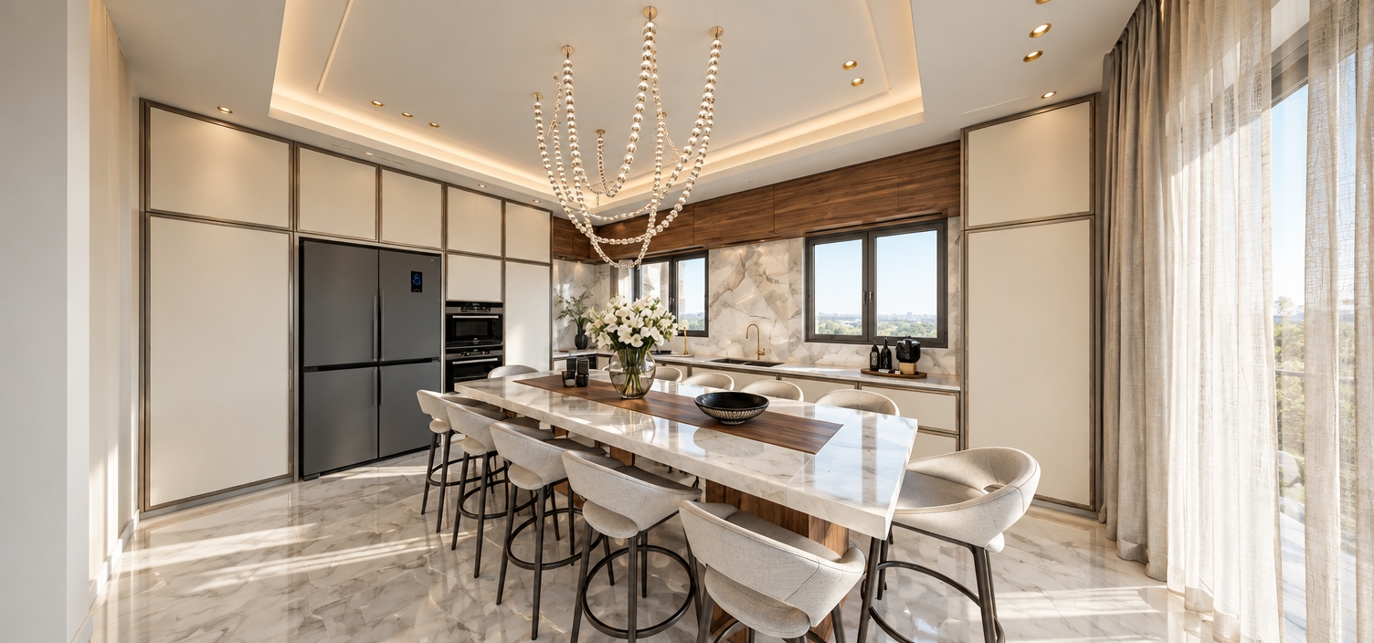 An architectural interior photograph of this modern kitchen, preserving the exact layout, geometry, and perspective. The ceiling is finished in smooth white plaster with soft, warm hidden cove lighting glowing within the recessed perimeter, complemented by a polished white marble floor reflecting ambient light with subtle, natural grey veining. Soft daylight filters through the sheer linen curtains and windows, illuminating the marble-topped island, textured fabric barstools, and detailed wooden and matte cabinetry. The draped beaded chandelier glints under the balanced illumination, captured with a crisp wide-angle lens, balanced natural exposure, and lifelike material textures.