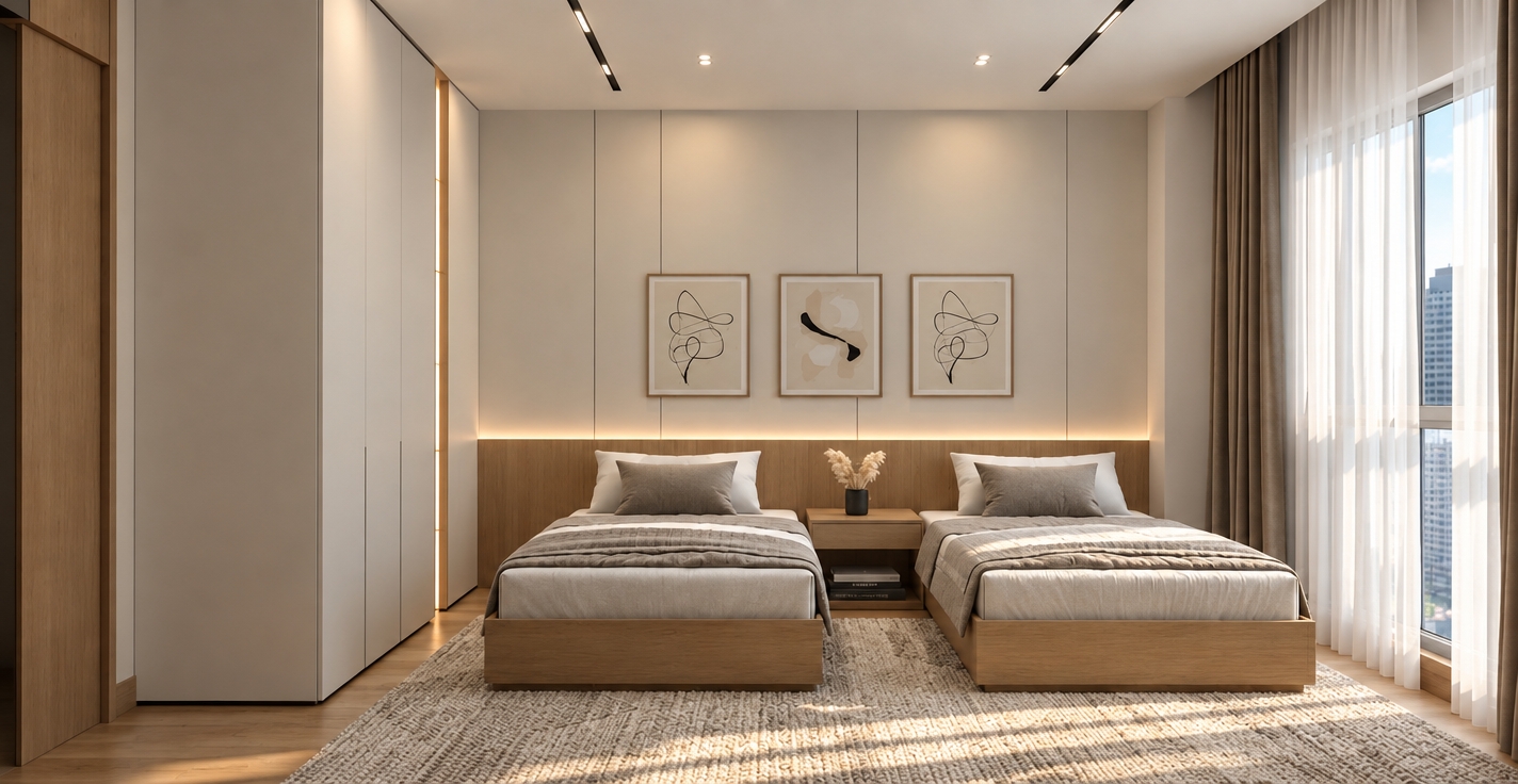 An incredibly lifelike, richly detailed, photorealistic interior shot of a minimalist bedroom set in a high-rise urban apartment. The scene is illuminated by soft, natural morning light filtering through layered sheer curtains, creating a serene and zen-inspired atmosphere. Captured with a 35mm wide-angle lens, emphasizing the clean lines of the custom light oak bed frames and the subtle, tactile texture of the hand-woven wool rug.

The room is a masterclass in monochromatic elegance, featuring a palette of crisp whites, soft grays, and warm oak tones. A sleek, floor-to-ceiling wardrobe with hidden hardware stands to the left, while a pair of twin beds is perfectly centered against a feature wall defined by integrated warm LED strip lighting. Above the beds, a trio of minimalist abstract line art pieces adds a sophisticated touch to the uncluttered wall paneling. A small bedside table holds a simple, organic vase with dried botanicals, reinforcing the intentional, clutter-free aesthetic. The composition draws the eye toward the large window, where the soft glow of the cityscape is gently diffused, balancing the warmth of the interior with a cool, modern urban backdrop.