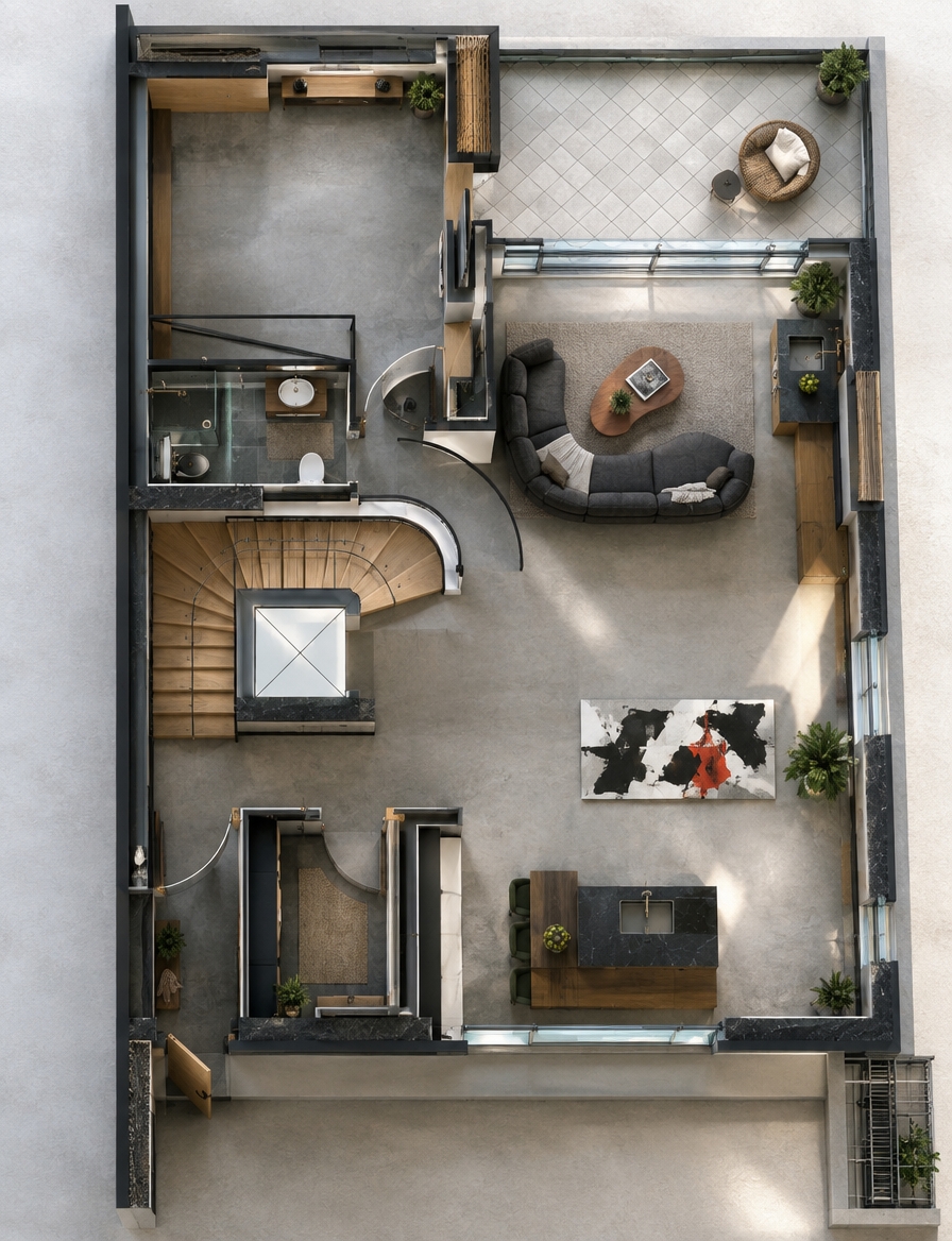 An incredibly lifelike, richly detailed, photorealistic top-down architectural view of a modern fusion open-concept apartment set in a chic urban high-rise. The scene is illuminated by brilliant natural daylight streaming in from the adjoining tiled terrace alongside warm, recessed cove lighting, creating a sleek, dynamic, and sophisticated atmosphere. Captured with a high-resolution medium format camera paired with an ultra-sharp wide-angle tilt-shift lens, emphasizing the tactile interplay of smooth polished concrete floors, brushed metallic hardware, and warm natural oak woodwork. At the heart of the open living area, an avant-garde, modular curved sofa in deep charcoal fabric wraps organically around a fluid-form wooden coffee table displaying a glossy photography book. Crisp white walls are punctuated by bold, large-scale monochrome abstract art with vivid splash accents, while a graceful, winding staircase with matte-black steel railings ascends effortlessly to the upper level. Minimal yet impactful decor, tailored dark cabinetry, and clusters of lush, vibrant indoor greenery seamlessly blend contemporary warmth with refined industrial luxury.