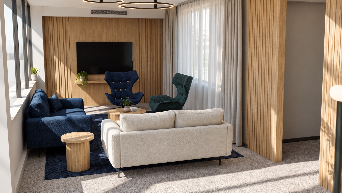 A crisp architectural photograph capturing the interior bathed in bright spring midday sunlight streaming through the windows on the left, casting sharp diagonal shadows across the scene while fully preserving the room's geometry and placement. The image features authentic physical materials, including finely textured upholstery on the white and deep blue sofas, detailed fabric on the sculpted accent chairs, soft woven carpet, and natural matte grain on the fluted wood feature wall and timber tables. Natural ambient bounces soften the shadows, complemented by sheer curtain diffusion, subtle atmospheric depth, and realistic photographic lens clarity.