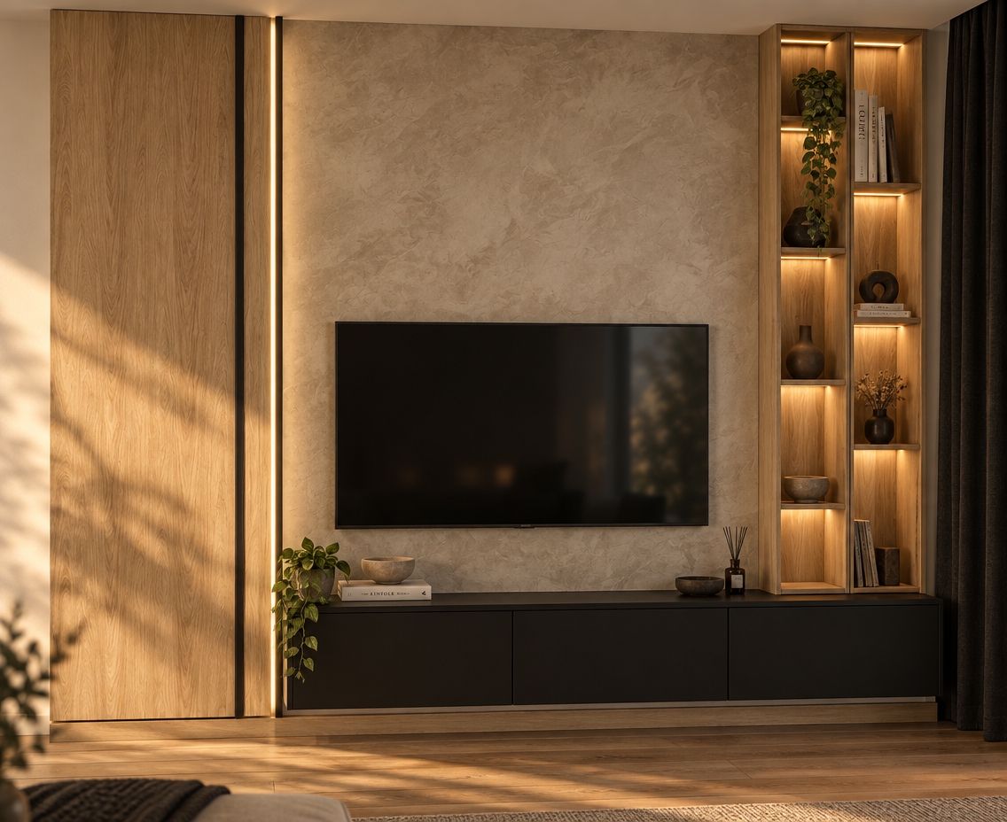 Architectural interior photograph of the media unit captured in warm, late-afternoon golden-hour light, strictly preserving the original framing and layout. The central accent wall behind the mounted television features a tactile beige-brown limewash plaster texture, while natural warm oak floorboards ground the base. Warm integrated LED lighting illuminates the underside of each shelf in the right bookcase, casting soft light onto sparse decorative accents, complemented by a concealed vertical LED strip behind the black trim that grazes light to the left across the oak cabinet face. A heavy black curtain softly flanks the far right edge, captured with balanced exposures, natural depth of field, realistic surface micro-textures, and subtle photographic grain.