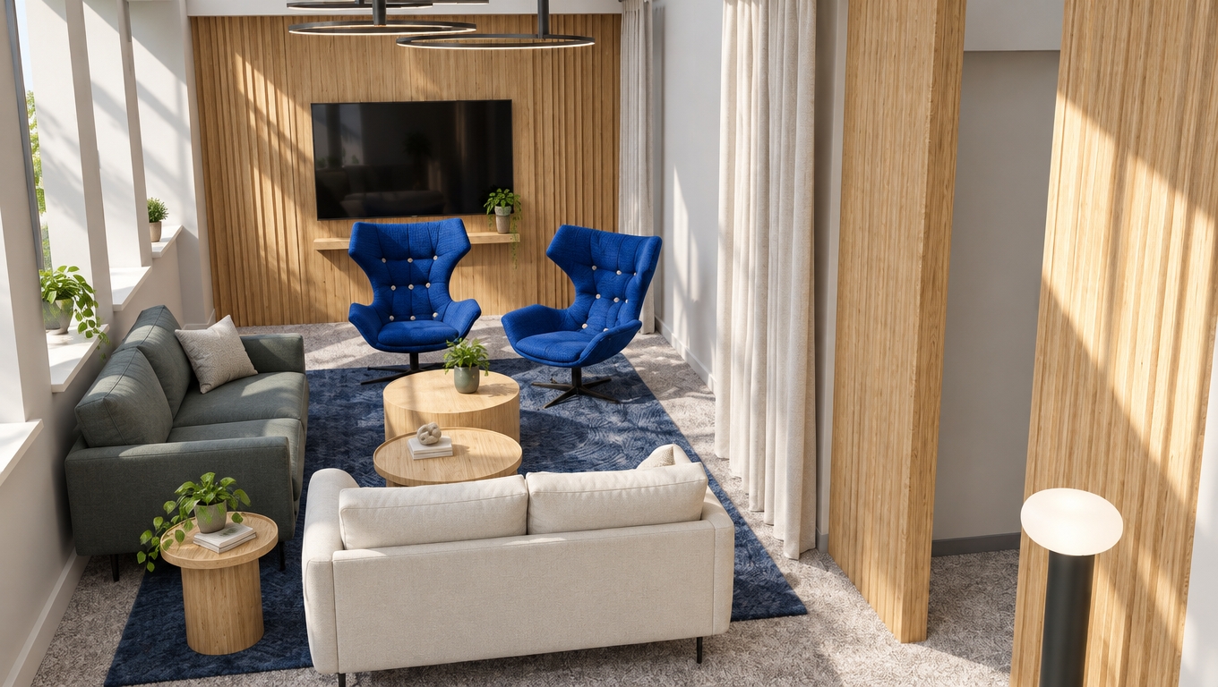 A bright architectural photograph of the modern lounge bathed in clear midday spring sunlight streaming through the side windows, casting sharp, natural diagonal shadows across the interior. The scene retains the identical layout and framing, rendered with authentic material textures: rich tactile fabric on the cobalt blue accent chairs, soft woven upholstery on the white and grey sofas, genuine oak grain on the slatted wall and round tables, and realistic pile depth on the carpets. Balanced natural exposure captures faint reflections on the dark TV screen and believable diffuse light throughout, completed with clean lens clarity, subtle depth of field, and a touch of organic film grain.