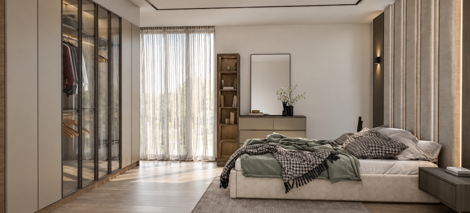 An architectural photograph of this modern bedroom captured during a bright spring midday using a wide-angle lens. Crisp, natural sunlight filters softly through the sheer floor-to-ceiling curtains, bathing the interior in a clean, neutral-toned daylight with gentle, diffused ambient shadows. The surfaces exhibit lifelike physical materials: subtle reflections on the glass wardrobe doors revealing hanging garments inside, a smooth matte laminate finish on the cabinetry, tactile cotton and linen weaves with natural creases across the ruffled bed linens, and dimensional vertical shading along the fluted accent wall. The exposure is balanced with precise highlights, rich midtones, and subtle depth of field, rendering the exact layout as a clean, realistic interior photograph.