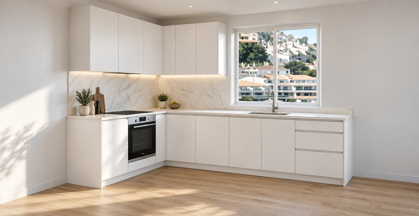 A photorealistic architectural photograph capturing the exact layout, geometry, and finishes of the kitchen scene. Bright, natural daylight streams through the window overlooking the hillside, casting gentle ambient light and soft shadows across the matte white cabinetry and light oak plank flooring. The white marble backsplash exhibits subtle, natural grey veining, while the stainless steel sink fixture and built-in oven show realistic, soft specular reflections. Captured with a professional wide-angle lens, maintaining crisp focus throughout, accurate surface micro-textures, and a balanced, neutral color temperature.