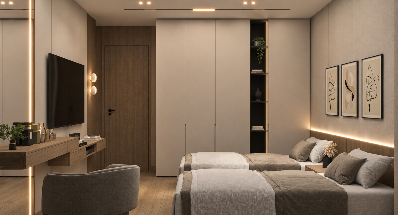 An incredibly lifelike, richly detailed, photorealistic interior shot of a minimalist bedroom sanctuary set in an urban luxury apartment. The scene is illuminated by soft, integrated warm LED strip lighting and a refined linear ceiling fixture, creating a serene, Zen-inspired atmosphere. Captured with a 35mm wide-angle lens, emphasizing the crisp textures of the matte-finish wardrobe panels, the tactile warmth of the natural wood grain, and the refined lines of the streamlined floating vanity.

This minimalist haven features a perfectly uncluttered aesthetic, where shades of soft cream, taupe, and charcoal gray define the space. Twin beds are dressed in high-thread-count linens, perfectly centered beneath a triptych of abstract line art that anchors the room with elegant simplicity. The functional, sleek furniture pieces are arranged with precision, maintaining clear surfaces that highlight the intentional placement of a single indoor plant and a curated photography book. The architectural composition balances the solid, floor-to-ceiling wardrobe with the airy, floating elements of the dressing area, while the subtle glow of hidden lighting adds a layer of sophisticated depth to the composition, evoking a sense of tranquil modern living.