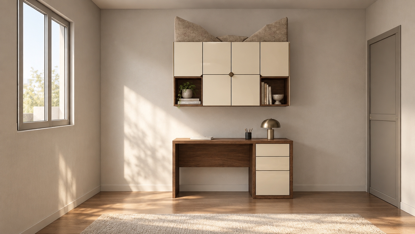 An incredibly lifelike, richly detailed, photorealistic interior shot of a contemporary study area set in a serene, light-filled bedroom. The scene is illuminated by soft, natural morning light streaming through the adjacent window, creating a crisp, airy, and sophisticated atmosphere. Captured with a 35mm lens, emphasizing the tactile textures of the rich walnut cabinetry and the creamy, pearl-toned lacquer finishes, this rendering highlights a perfect balance of materials.

The wall-mounted storage unit serves as a sculptural focal point, featuring champagne-hued panels accented by slim, dark metal hardware and open walnut shelving for curated decor. Beneath it, a refined desk with clean lines anchors the space, its deep wood grain providing a grounding contrast to the light, neutral walls. The composition is understated and balanced, with the interplay of warm wood tones and soft gray shadows lending the room a sense of polished, contemporary elegance. Every element, from the seamless joinery of the desk to the subtle depth of the wall textures, speaks to a highly curated, modern living environment.