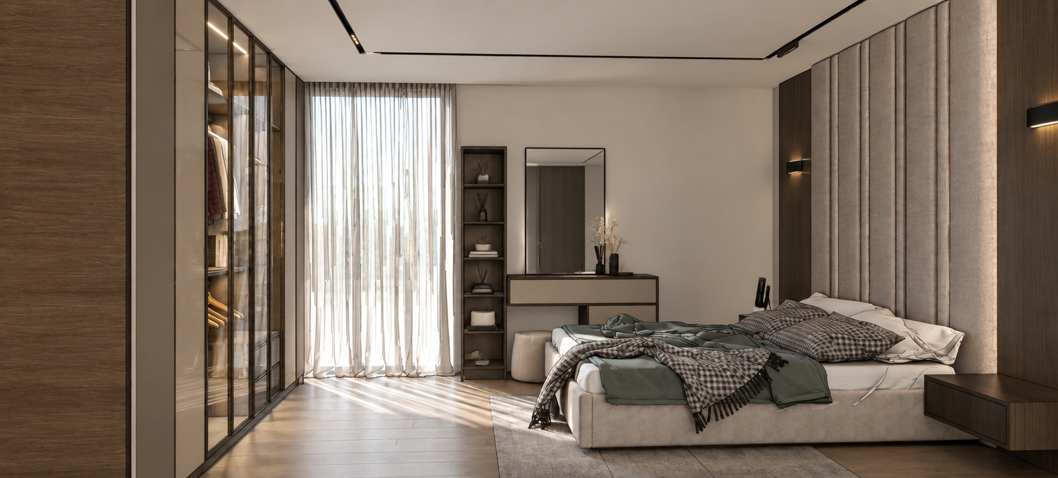 A bright, natural architectural photograph of the bedroom during a clear spring midday, captured with a sharp 35mm interior lens. Soft, diffused daylight filters through the sheer floor-to-ceiling curtains, casting gentle, realistic shadows across the floor and illuminating the room naturally. The glass wardrobe doors display subtle, realistic reflections and transparent depth showing the clothing inside, while the vertical fluted headboard reveals rich fabric texture. Natural fabric micro-wrinkles define the bedspread, plaid blanket, and pillows, balanced by realistic matte finishes on the vanity and dark wood nightstand. Neutral, balanced color temperature, gentle ambient occlusion, and subtle lens vignetting give the scene an authentic photographic presence.