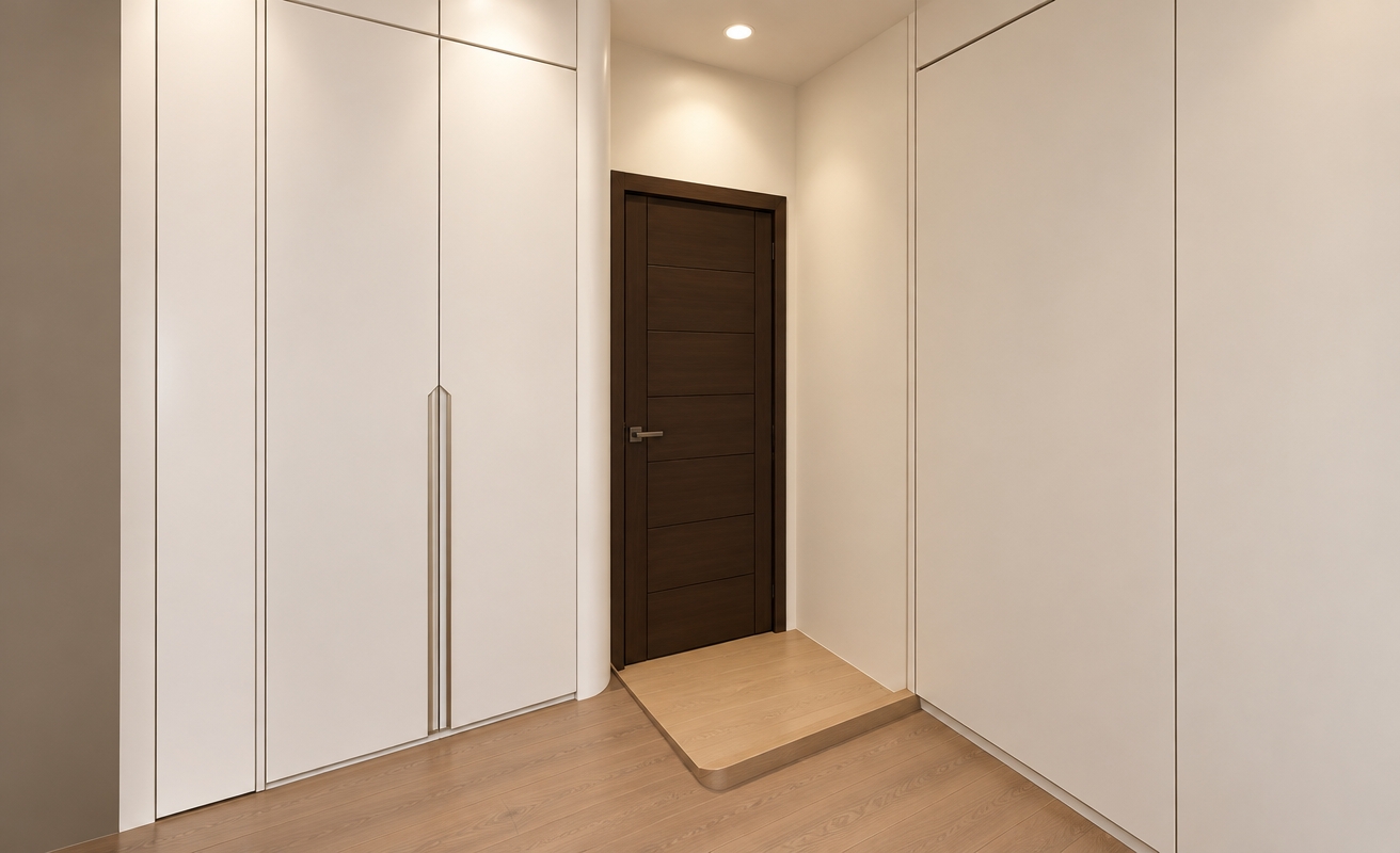 An incredibly lifelike, richly detailed, photorealistic wide-angle interior shot of a minimalist bedroom corridor set in a serene residential home. The scene is illuminated by the soft, diffused glow of recessed LED ceiling lights, creating a warm and tranquil atmosphere. Captured with a 35mm lens, emphasizing the clean lines and refined textures of the space.

The floor is finished in high-quality, light-brown engineered wood planks with a subtle grain, which contrast beautifully with the raised platform base crafted from a lighter, honey-toned oak. To the left, a seamless, floor-to-ceiling white wardrobe features elegant, elongated metallic handles that catch the ambient light, while the walls are painted in a sophisticated matte off-white. The focal point is a rich, dark espresso-toned wooden door, serving as a striking anchor against the airy, minimalist palette. The spatial composition feels open and intentional, with the gentle light washing over the surfaces to highlight the depth and craftsmanship of the joinery.