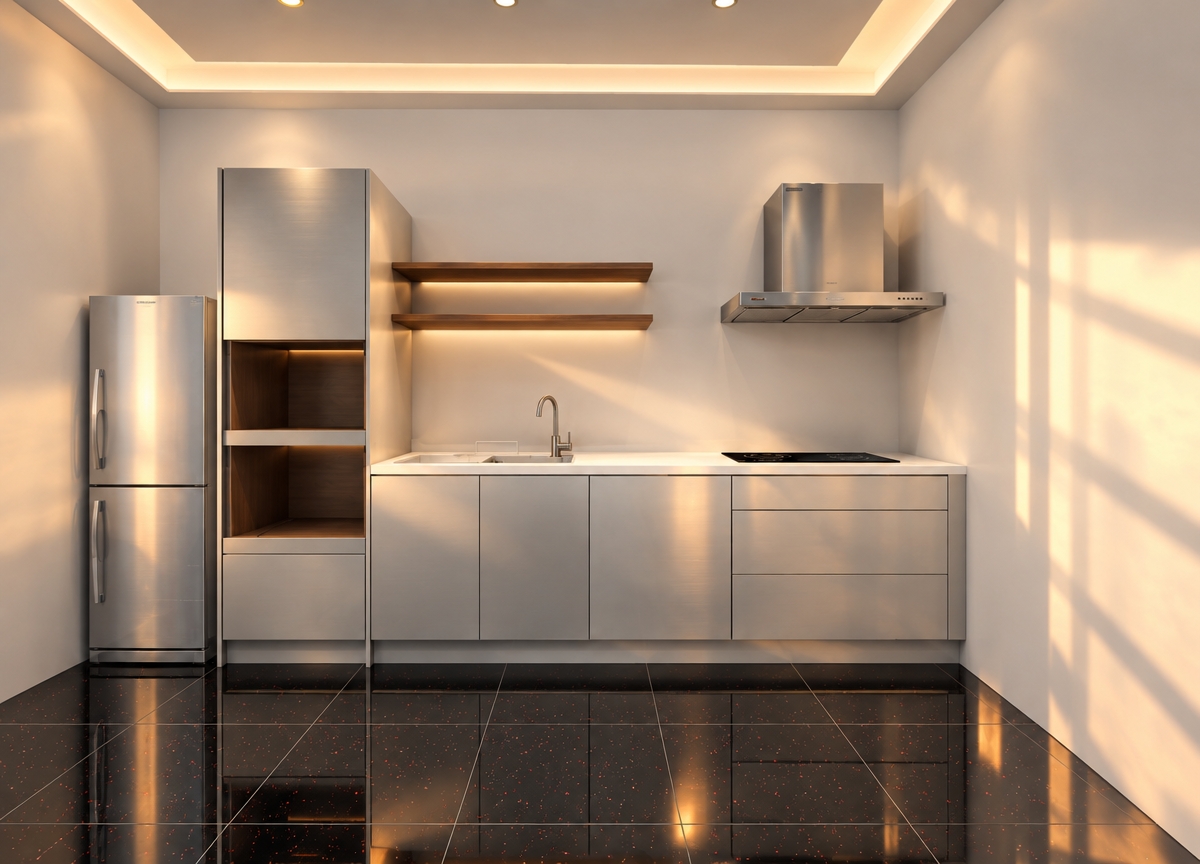An incredibly lifelike, richly detailed, photorealistic eye-level interior shot of a minimalist kitchen set in a techno-wonderland loft. The scene is illuminated by the soft, honeyed glow of a setting sun filtering through unseen windows, casting long, dramatic shadows and creating a sleek, futuristic atmosphere. Captured with a wide-angle 24mm lens, emphasizing the high-contrast interplay between the glossy, obsidian-black floor tiles speckled with vibrant red stardust and the pristine, matte-finish cabinetry. The kitchen features sophisticated silver metallic door panels that catch the evening light, contrasted by a seamless, clinical white countertop. Elegant, open shelving in a contrasting warm walnut tone provides a visual break against the stark white walls, while a brushed-steel range hood hovers with precision above the induction cooktop. The deep, dark reflective flooring adds a sense of infinite depth to the room, grounding the light, airy cabinetry in a space that feels both cutting-edge and tranquil.