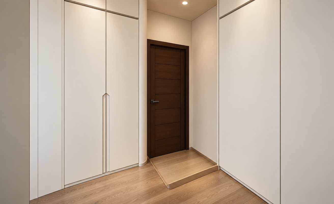 A crisp architectural interior photograph of the hallway, meticulously preserving the exact composition, geometry, and perspective of the scene. The main floor features smooth light brown wooden planks displaying subtle, authentic grain patterns and a gentle satin reflection, seamlessly transitioning to the raised platform clad in an elegant, light-toned natural wood finish with realistic micro-bevels. The tall built-in wardrobes on both sides are finished in smooth, ultra-matte off-white cabinetry lacquer, highlighting the clean vertical seam reveals, integrated slender vertical handles, and the gentle curvature of the rounded corner post. At the center, the interior door is rendered in rich, deep dark brown timber with horizontal recessed panels and a matte dark metal door handle catching a faint highlight. Illuminated by soft, diffused warm-white ambient lighting from above, the space features natural contact shadows along the floor skirting and recesses, balanced dynamic range across the bright cabinetry and deep wood tones, and the tack-sharp clarity and subtle depth of an architectural tilt-shift lens.