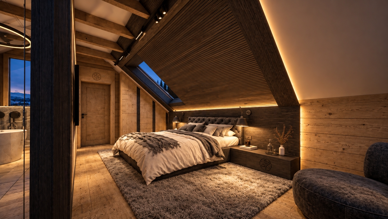 An architectural photograph of the attic bedroom captured at twilight through a 24mm tilt-shift lens, revealing deep evening blue tones through the skylight and glass wall. The interior is bathed in warm 2700K lighting from recessed LED coves and bedside lamps, casting soft, natural shadow roll-off across the space. The angled ceiling surface is rendered with finely spaced wooden slats, complementing the pronounced wood grain, tactile knots, and distinct chamfered edges of the timber log walls. Realistic fabric draping and natural creasing define the made bed and headboard, set atop a dense, textured plush area rug over natural wood plank floors, finished with faint optical vignetting and authentic camera sensor grain.