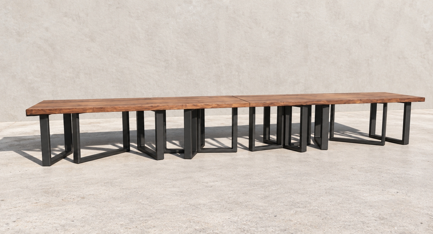 A clean architectural photograph of the long wooden bench with matte charcoal steel box legs, preserving the exact layout, geometry, and perspective. The scene is bathed in crisp, direct midday spring sunlight, casting sharp contact shadows onto the neutral surface below. The tabletop reveals authentic solid wood grain with a natural satin sheen, while the metal legs display realistic powder-coated micro-textures and faint weld seams. Captured with a 50mm lens under bright, neutral-balanced daylight, rendering sharp material physics, subtle surface imperfections, and faint natural grain.