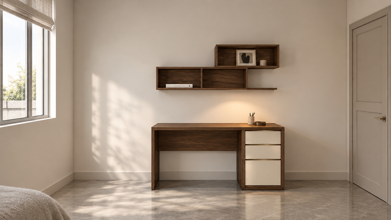 An incredibly lifelike, richly detailed, photorealistic eye-level interior photo of a minimalist home office nook set in a serene, contemporary bedroom. The scene is illuminated by soft, diffused natural light pouring in from the adjacent window, creating an airy and tranquil atmosphere. Captured with a 35mm lens, the focus emphasizes the rich, organic wood grain of the floating walnut shelving and the desk’s smooth, espresso-toned finish, contrasted beautifully by the smooth pearl-lacquer drawer fronts.

The workspace is defined by a refined, clean-lined aesthetic, where the floating shelves display a single curated photography book and a small piece of abstract wall art, adding a touch of sophisticated character. The surrounding walls are painted in a gentle, warm white, while the desk sits atop a cool, soft-gray polished stone floor. Slim, brushed-champagne metal accents on the drawer pulls provide a subtle glint of luxury. A sculptural desk lamp sits just out of frame, casting a soft, warm glow that enhances the balanced, uncluttered composition of this peaceful retreat.