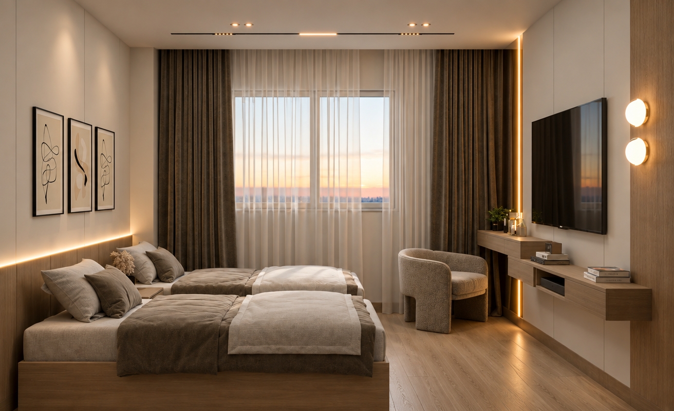 An incredibly lifelike, richly detailed, photorealistic interior shot of a minimalist bedroom set in a peaceful, modern apartment. The scene is illuminated by a blend of warm, diffused ambient LED strips and soft natural twilight filtering through sheer drapery, creating a serene, Zen-inspired atmosphere. Captured with a 35mm wide-angle lens, emphasizing the clean lines of the wooden furniture and the plush textures of the layered bedding.

This sanctuary is defined by a monochromatic palette of crisp whites, soft grays, and warm oak tones that ground the space in quiet elegance. The symmetrical twin beds are dressed in smooth, high-thread-count linens, perfectly uncluttered, while a sleek, floating wooden vanity extends seamlessly along the wall beneath a wall-mounted flat-screen television. A sculptural, curved armchair offers a moment of organic softness against the linear precision of the room. The walls are adorned with refined, abstract line-art prints, and the surfaces are curated with only the essentials: a small, verdant indoor plant and a classic photography book. The interplay of hidden, vertical light channels and the subtle wood-grain flooring enhances the depth of the room, casting gentle, soft-focus shadows that lend a sophisticated, high-end feel to this functional, streamlined retreat.